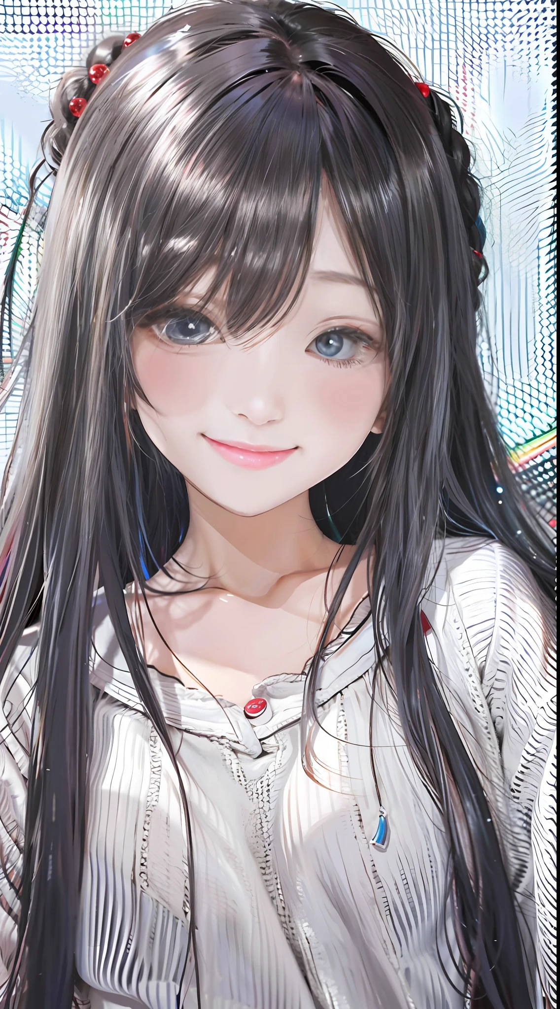 black hair, hair bobbles, light smile, streaked hair, mole under eye, glint, anime style, best quality,upper body,hair strand,Fair skin,side braids