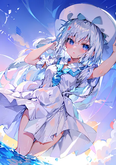 anime girl flying over the ocean in white dress and hat, splash art anime loli, loli in dress, anime visual of a cute girl, whit...