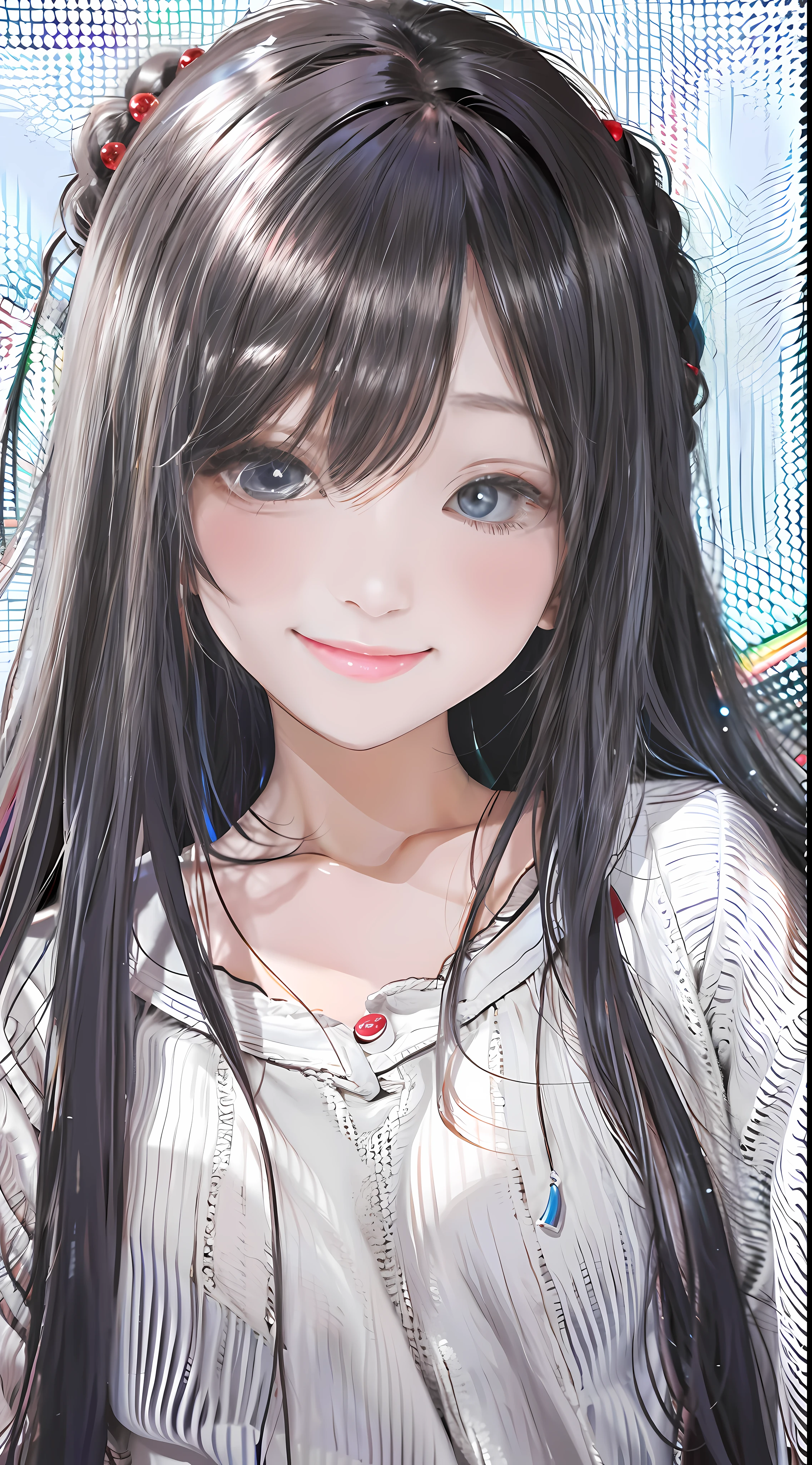 black hair, hair bobbles, light smile, streaked hair, mole under eye, glint, anime style, best quality,upper body,hair strand,Fair skin,side braids