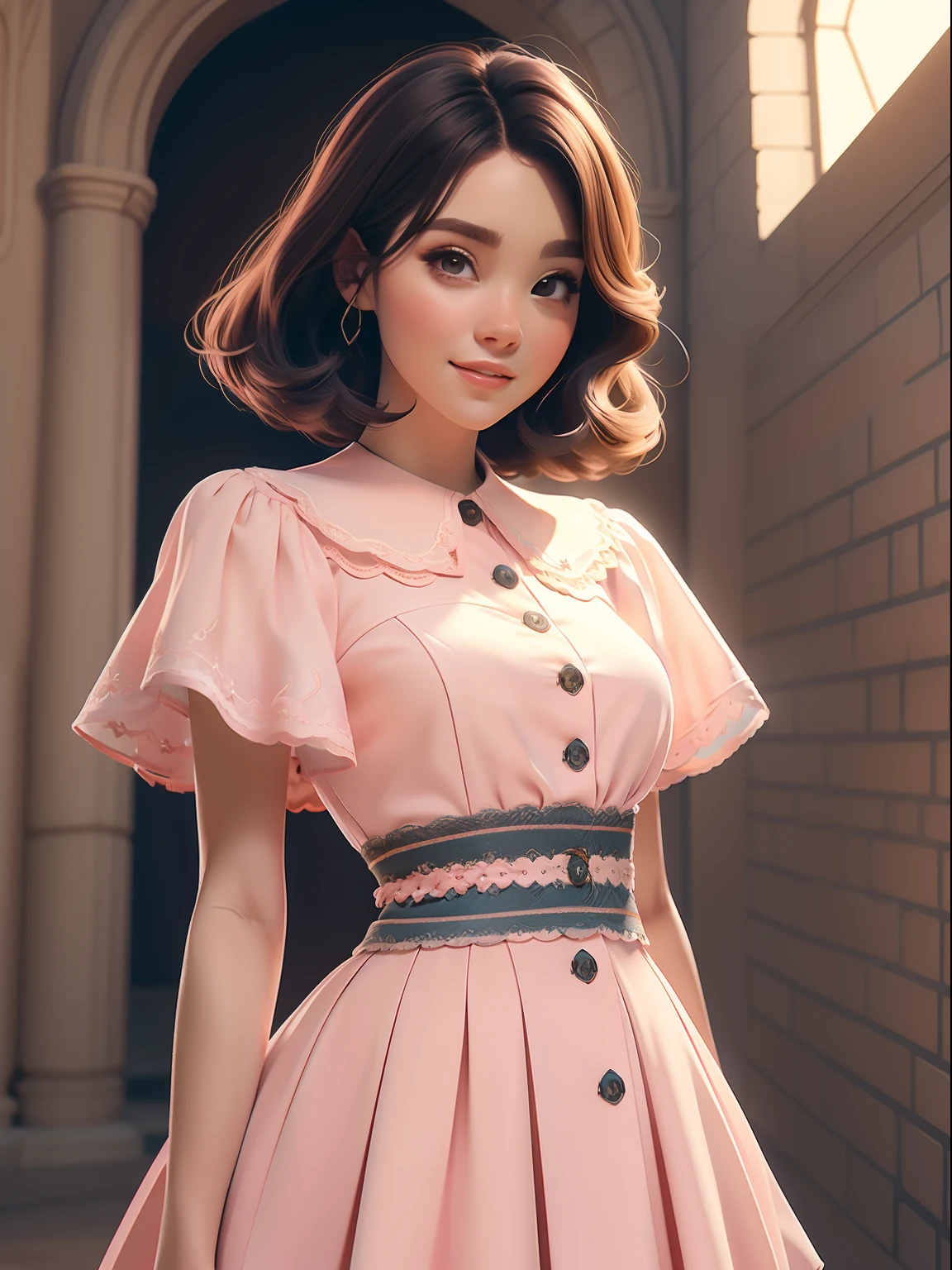 dynamic lighting, A Barbie princess wearing a beautiful pink dress, wearing a beautiful crown, In the pink fairy castle, pink  hair, (fluffly:1.3), (pale skin:1.1), (soft smiling:1.1), face detailed, Detailed texture skin, ray of sunlight, Por Ilya Kuvshinov, nina masic, natural lighting, Subsurface scattering, ornate, ((cowboy shot)), atmosphric perspective, retina, texturized skin, anatomically correcte, best quality, awardwinning