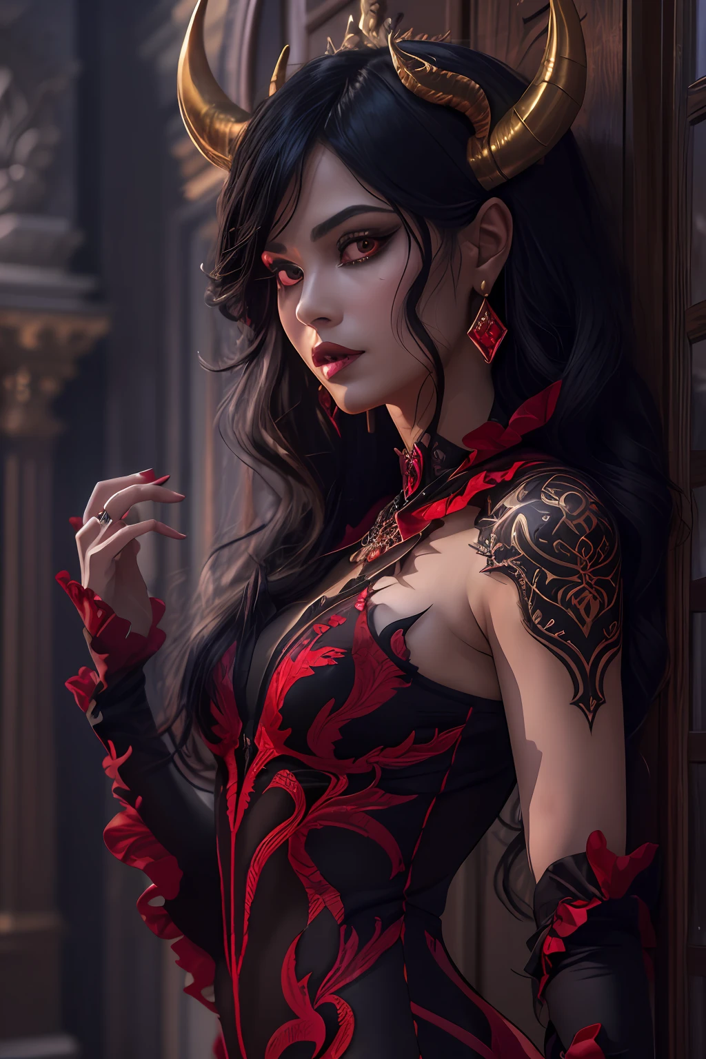 epic good looking succubus wearing a red and black dress, offering a gold and red diamond ring in hand (intense details, Masterpiece, best details: 1.6), ultra detailed face (intense details, Masterpiece, best details: 1.5),standing in the door entrance, holding a red and gold ring (intense details, Masterpiece, best details: 1.6), black hair, long hair, red eyes, glowing eyes, small horns, red high heels, dim light, high details, best quality, 8k, [ultra detailed], masterpiece, best quality, (extremely detailed), ultra wide shot, photorealistic, gothic art, sense of darkness, sense of seduction, fiery magic symbols (intense details, Masterpiece, best details: 1.6),in the backgroun