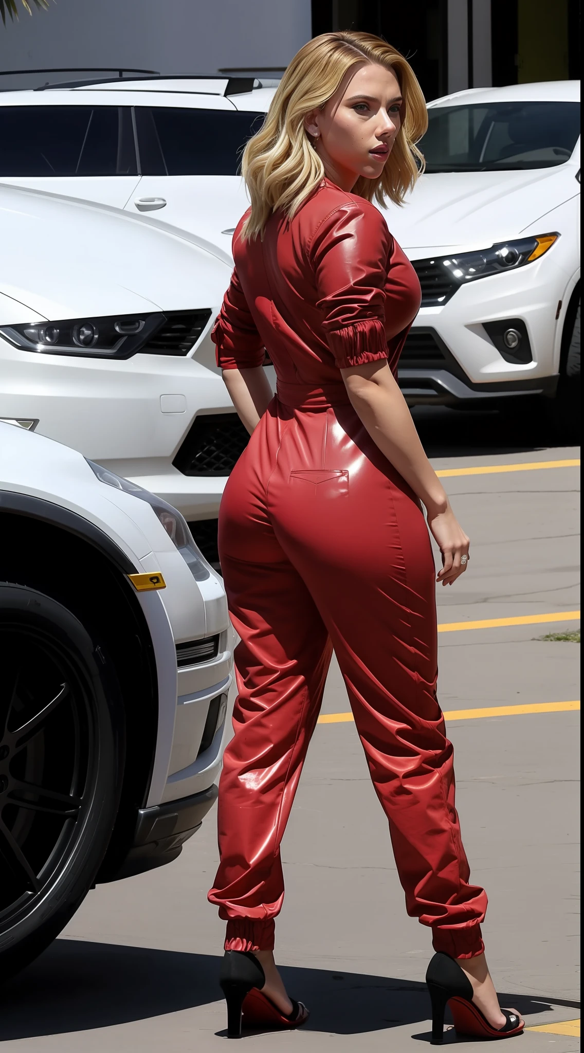 A woman in a red leather outfit is walking down the street - SeaArt AI