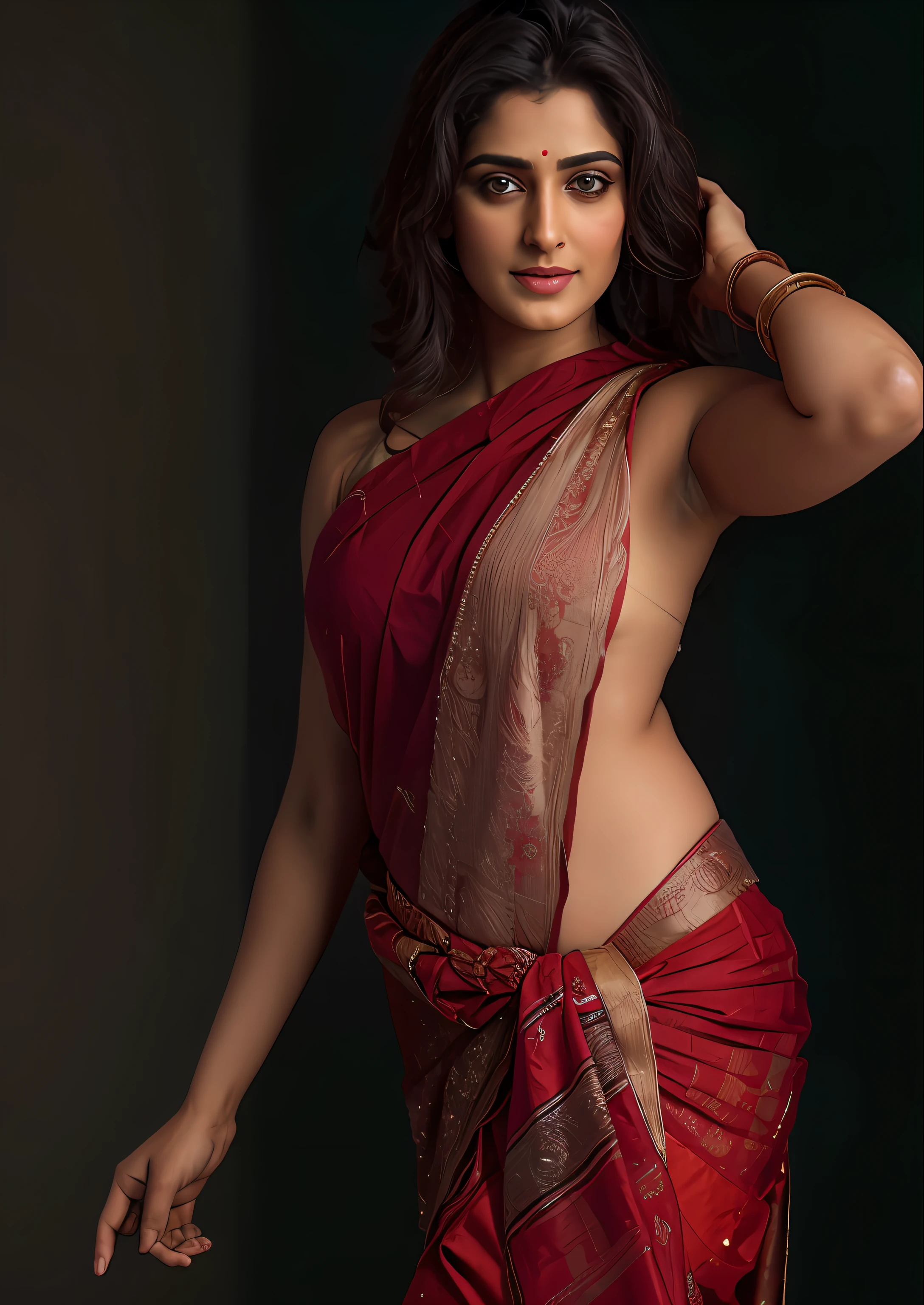 Anusha hot photoshoot in red sari - SeaArt AI