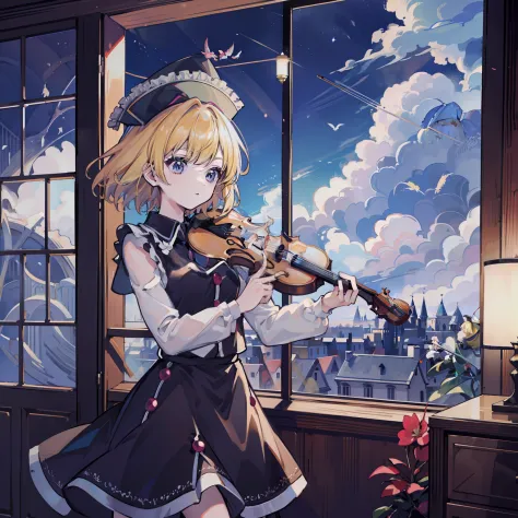 Luna Saprism River playing violin, masutepiece, Fine detail, 4K, 8K, 12K, Solo, One Person, Beautiful Girl, caucasian female, Moonsaplasma, a blond、short-hair、Hats、A lot of birds are flying, Ruined Western House, Indoors, spring, Music room