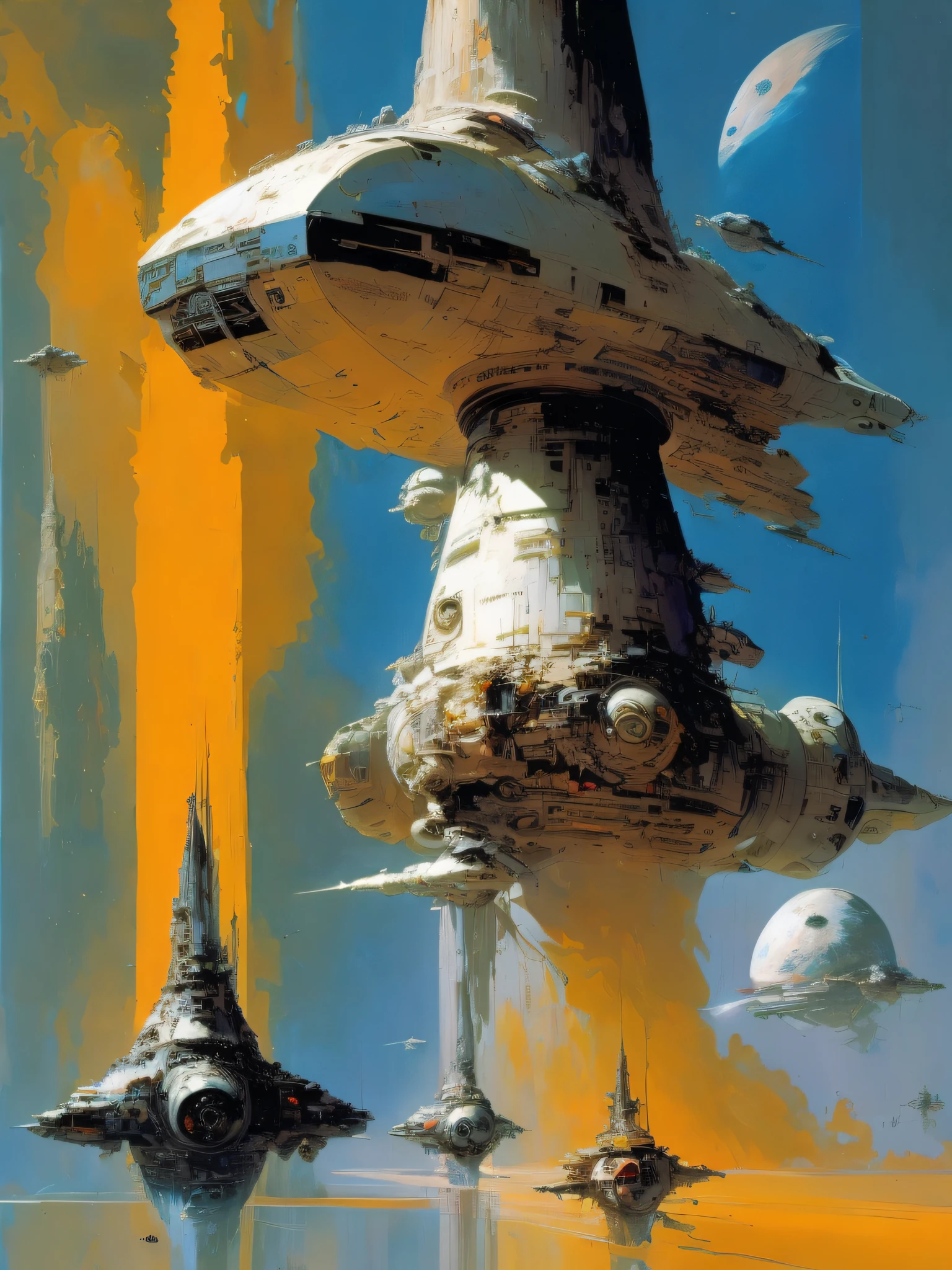 by John Berkey colorful space, biomechanical biomorphic organic spaceships, photorealistic spaceship, space traffic, celestial bodies, volumetric lighting, Syd Mead, Frank Frazetta, John Berkey, brutalism