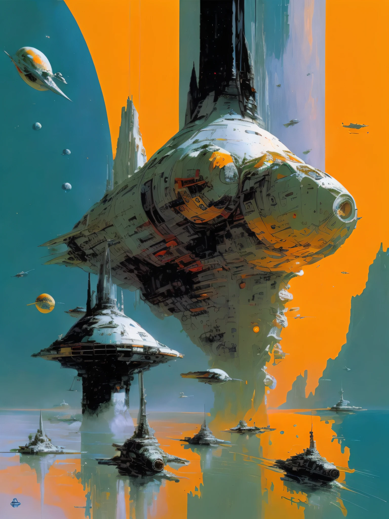 by John Berkey colorful space, biomechanical biomorphic organic spaceships, photorealistic spaceship, space traffic, celestial bodies, volumetric lighting, Syd Mead, Frank Frazetta, John Berkey, brutalism