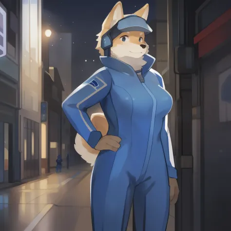 solo, female, standing, street, by bebebebebe, ((hair, snout)), breasts, (((blue military spacesuit))), canine, shiba inu