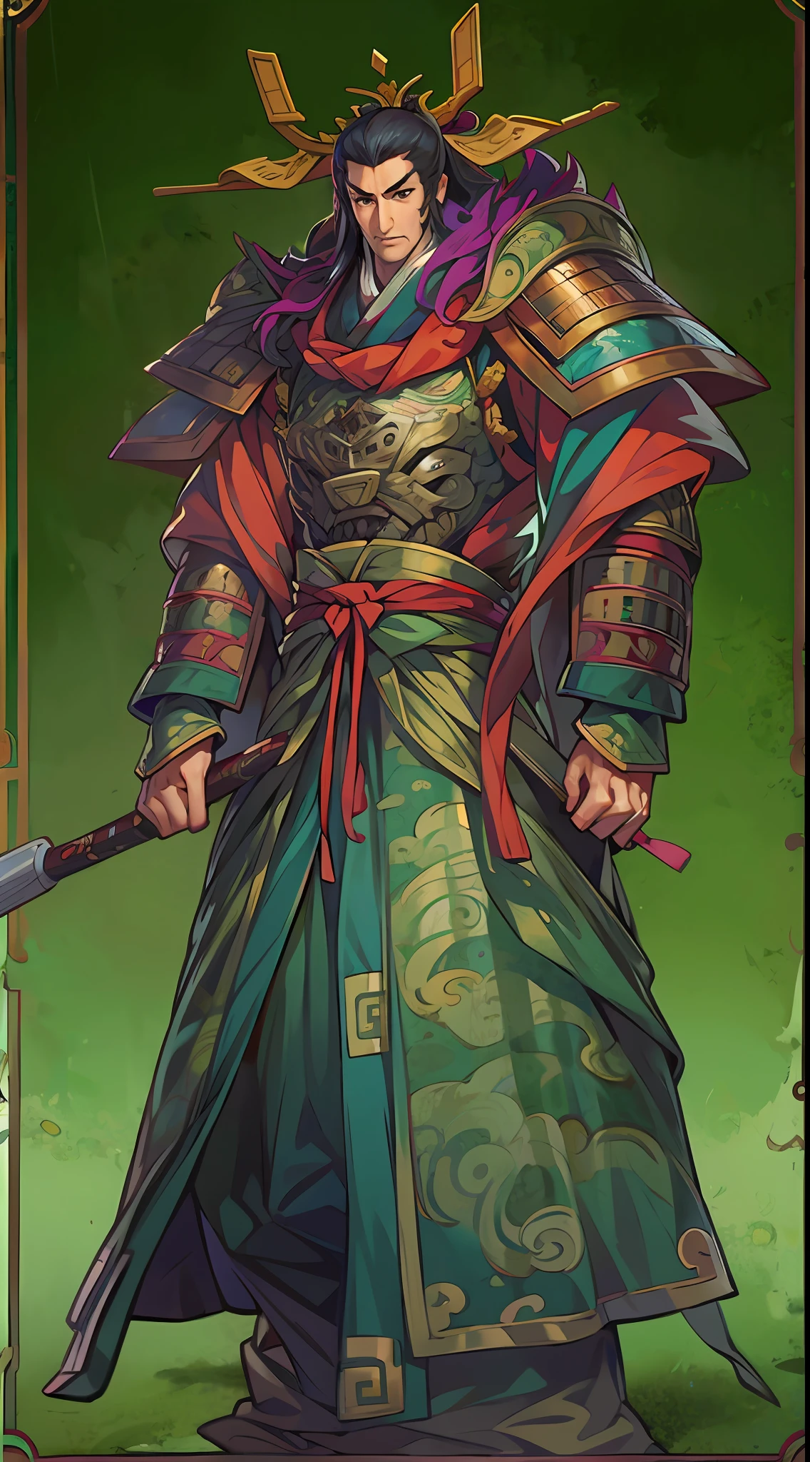 1male people，Three Kingdoms killing style:1.2，Ancient Chinese background，A meticulous face，Clear face，bust，Shogun，armor，Card background，High picture quality，tmasterpiece，best qualtiy，超高分辨率