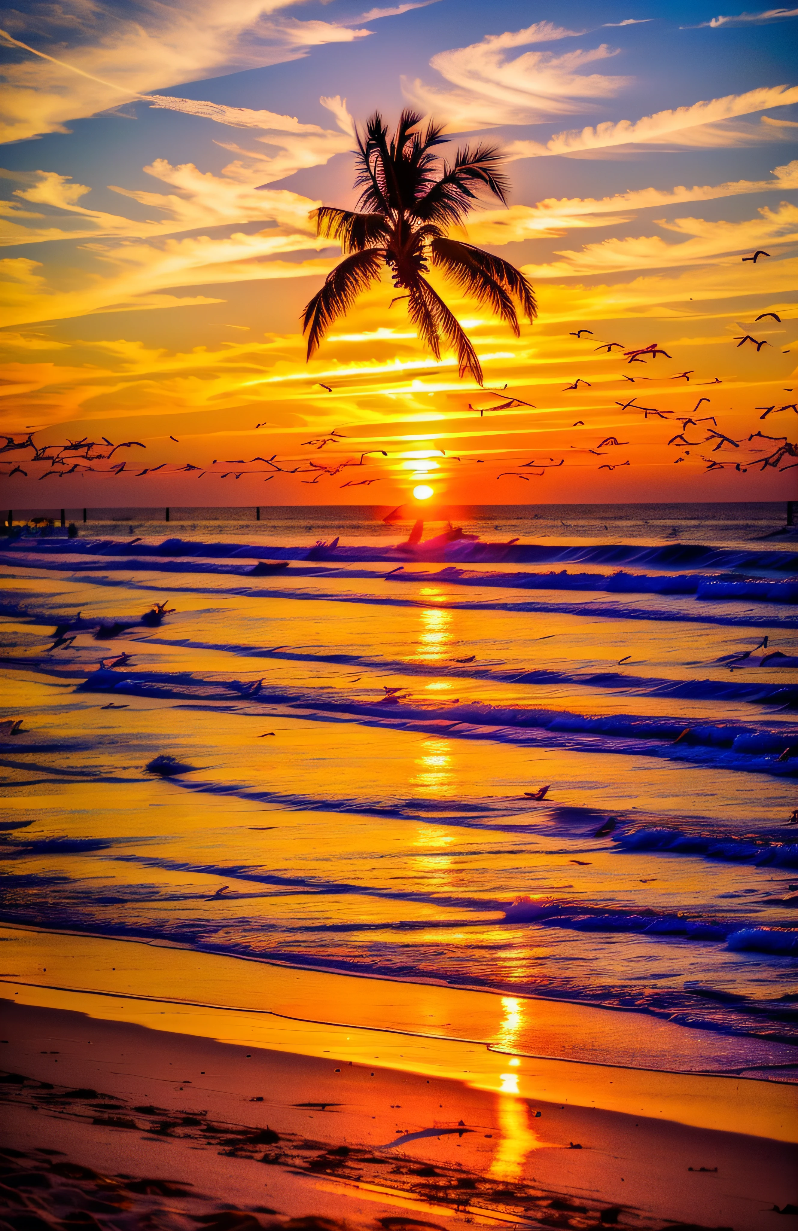 An absolutely mesmerizing sunset on the beach, with a mix of orange, pink, and yellow in the sky. The water is crystal clear, gently kisses the coast, and the white sand is endless. The scene is dynamic and breathtaking, with seagulls soaring high in the sky and palm trees swaying softly. Immerse yourself in the calm atmosphere and let the serenity surround you.