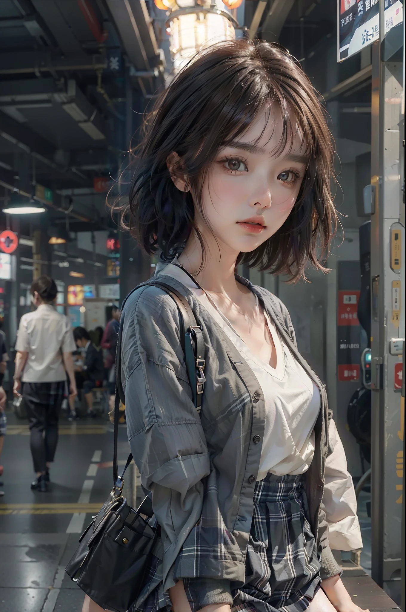 (RAW photogr:1.4)，(realisticlying:1.3)，(tmasterpiece)，Best quality at best，Highest quality，The is very detailed的 CG unified 8k 壁纸，Detailed and complex，primitive，A high resolution，\\ 1girl，solo， 46 points oblique bangs，High-definition detail、Hyper-detailing、cinematic ligh、Ultra-realistic realism,with short black hair，White skin，famousartwork，s the perfect face，beauitful face，beautidful eyes，（（Perfect female body））,looking at viewert，，((look from down，full bodyesbian))，\\high-school，pupils，Uniforms，Sailor collar，Short socks，bookbag，a skirt，tartan，plaid skirts，knees，sitted，\\the street，subway station，Store boundaries，akihabara\(tokyo\)，shibuya\(tokyo\)，shinjuku\(tokyo\)，\\Beautiful and detailed background，Deep field of view， huge breasts cleavage：0.1，Reality：1.3，（ambient lights：1），（neonlight：0.1），（HDR：1），（studio lit：1.5），（pantiess：1.2）