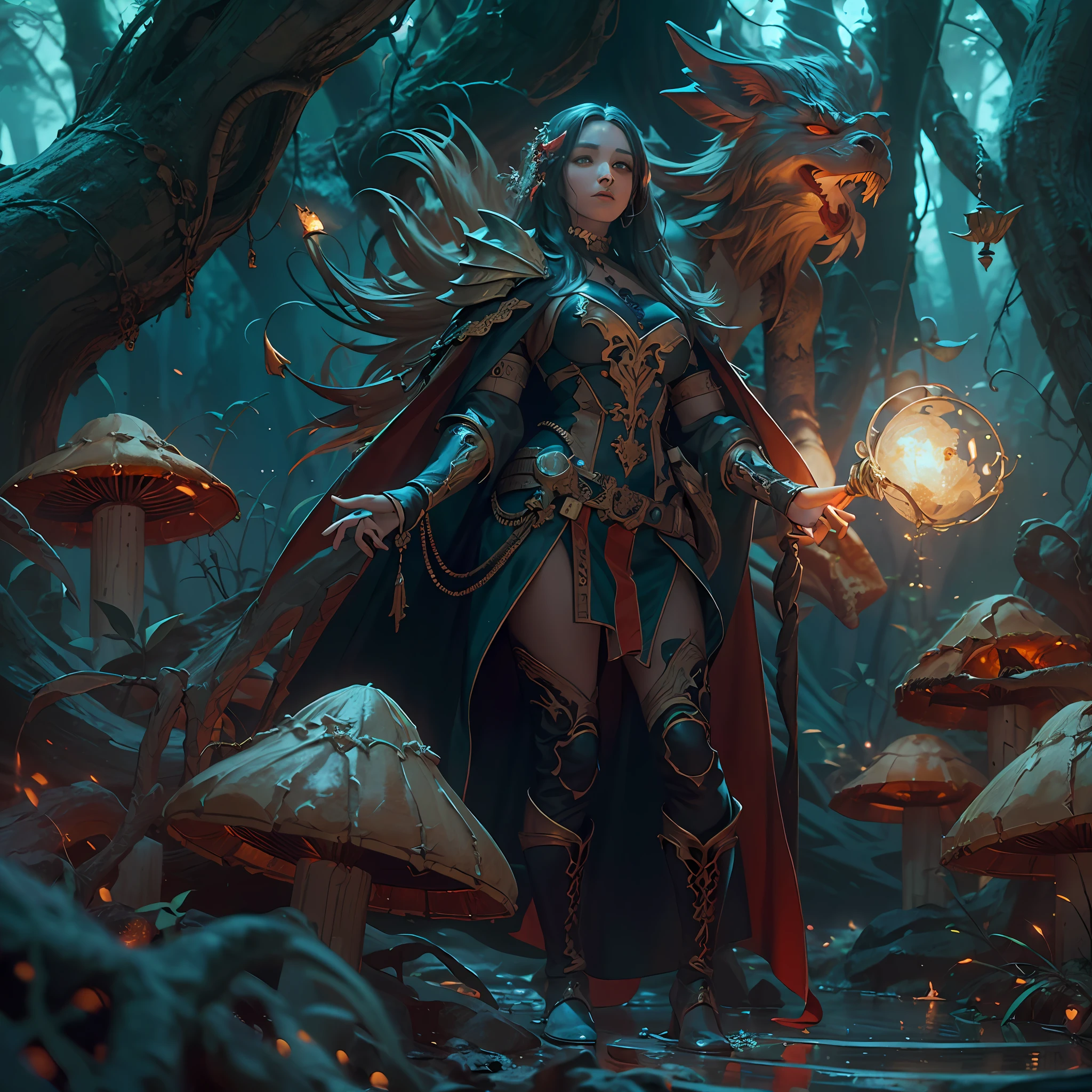 high details, best quality, 8k, [ultra detailed], masterpiece, best quality, (extremely detailed), ultra wide shot, photorealistic, fantasy art, dnd art, rpg art, realistic art, an ultra wide picture of human female (intense details, Masterpiece, best details: 1.5) in underground druid grove casting a spell, red magical light (intense details, Masterpiece, best details: 1.5), wearing leather armor (intense details, Masterpiece, best details: 1.5), wearing cloak (intense details, Masterpiece, best details: 1.5), wearing  boots, high heeled boots,  holy symbol, blue light from symbol, dynamic hair, intense eyes, dynamic eyes, D&D human female (intense details, Masterpiece, best details: 1.5), black hair, long hair, fantasy [underground] (intense details, Masterpiece, best details: 1.5), druid grove, water fall details, rich fantasy underground life details (intense details, Masterpiece, best details: 1.5) ,stone pillars (intense details, Masterpiece, best details: 1.5),  animals, water springs, soft light, phosphoric light. dynamic light (intense details, Masterpiece, best details: 1.5), fungi in the background, celestial background, ((divine worship atmosphere)), high details, best quality, highres, ultra wide angle, octane rendering