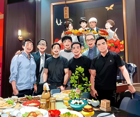 Several men pose for photos in front of a table full of food, Group photo, From left, photograph taken in 2 0 2 0, tang mo, High picture quality, high-quality picture, Ancient sword, yiqiang and shurakrgt, 🤬 🤮 💕 🎀, 2 0 2 2 photo, unknown artist, chinese ar...