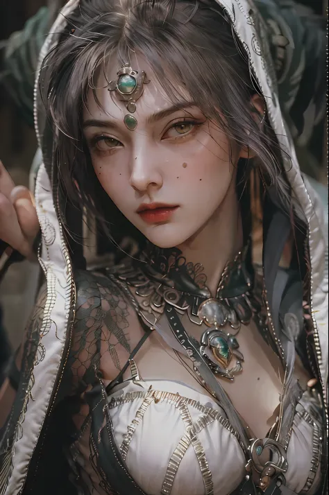 masterpiece, highest quality, RAW, analog style, A stunning portrait of a beautiful woman, morrigan, breast, wearing a mage robe...