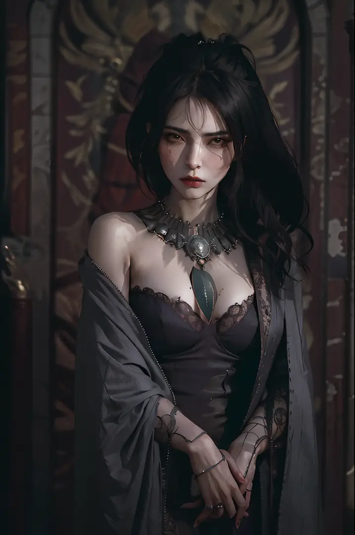 masterpiece, highest quality, RAW, analog style, A stunning portrait of a beautiful woman, morrigan, breast, wearing a mage robe...