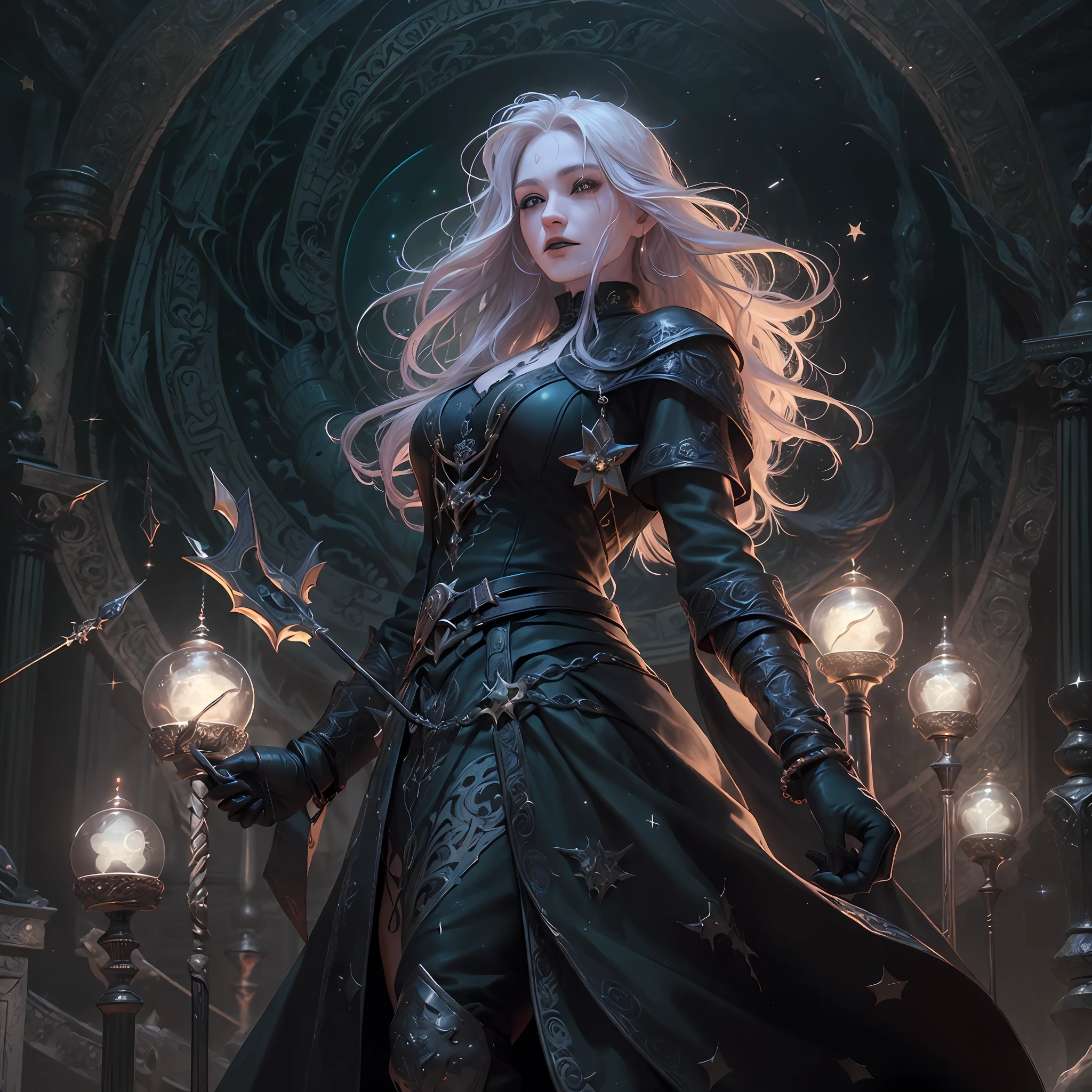 high details, best quality, 8k, [ultra detailed], masterpiece, best quality, (extremely detailed), dynamic angle, ultra wide shot, photorealistic, dark fantasy art,  gothic art, dark RPG art, realistic art, an ultra wide picture of female human cleric, holding a spear, wearing black cloak, black leather suit, with stars sigils (intense details, Masterpiece, best details: 1.5), high heeled boots, holy symbol casting a spell, white magical sigils (intense details, Masterpiece, best details: 1.5), stars and moon symbol, blue light from symbol, blond hair (intense details, Masterpiece, best details: 1.5), long hair, braided hair, small, intense eyes, green eyes, moon and stars background, (( goth worship atmosphere)), moon light high details, best quality, highres, ultra wide angle
