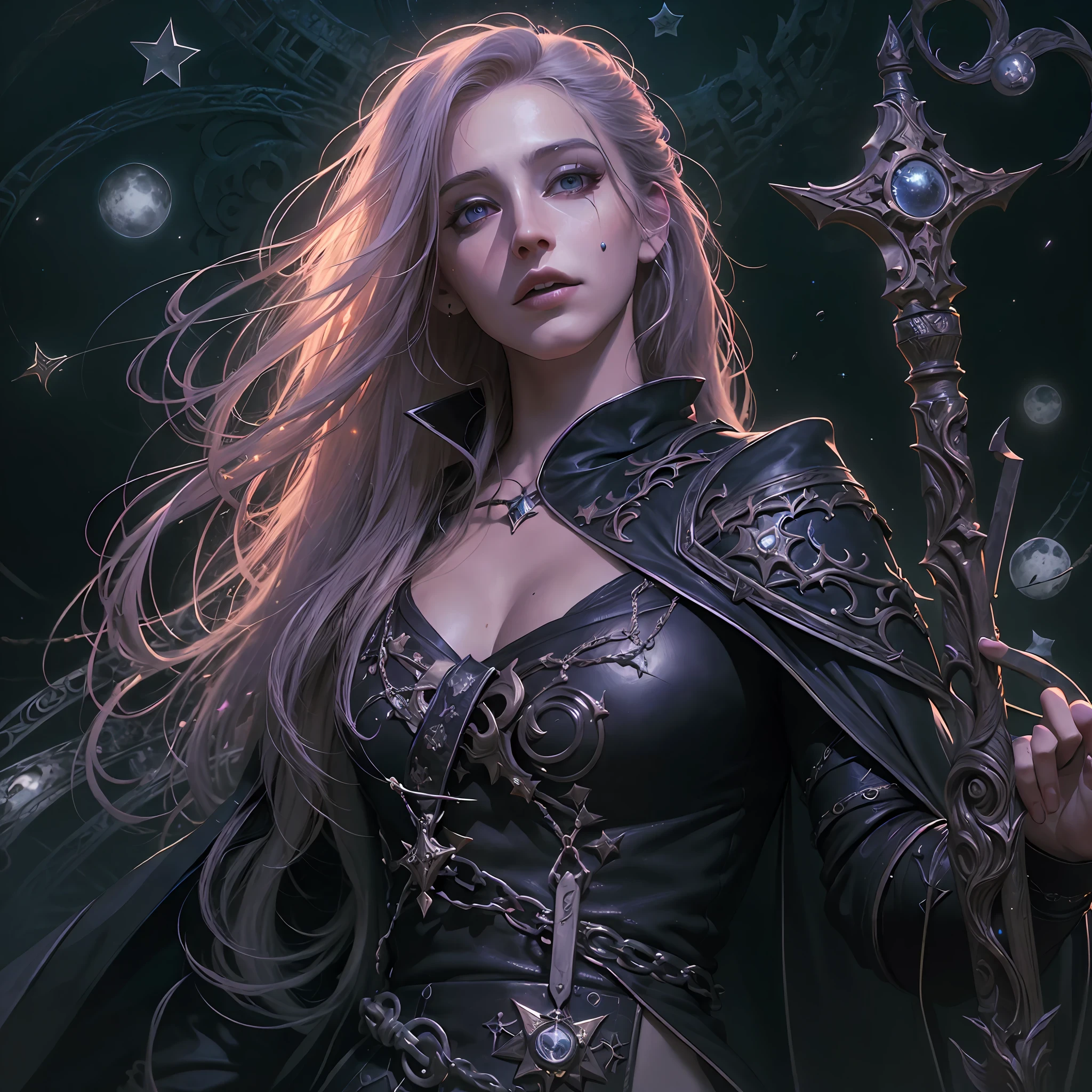 high details, best quality, 8k, [ultra detailed], masterpiece, best quality, (extremely detailed), dynamic angle, ultra wide shot, photorealistic, dark fantasy art,  gothic art, dark RPG art, realistic art, an ultra wide picture of female human cleric, holding a spear, wearing black cloak, black leather suit, with stars sigils (intense details, Masterpiece, best details: 1.5), high heeled boots, holy symbol casting a spell, white magical sigils (intense details, Masterpiece, best details: 1.5), stars and moon symbol, blue light from symbol, blond hair (intense details, Masterpiece, best details: 1.5), long hair, braided hair, small, intense eyes, green eyes, moon and stars background, (( goth worship atmosphere)), moon light high details, best quality, highres, ultra wide angle