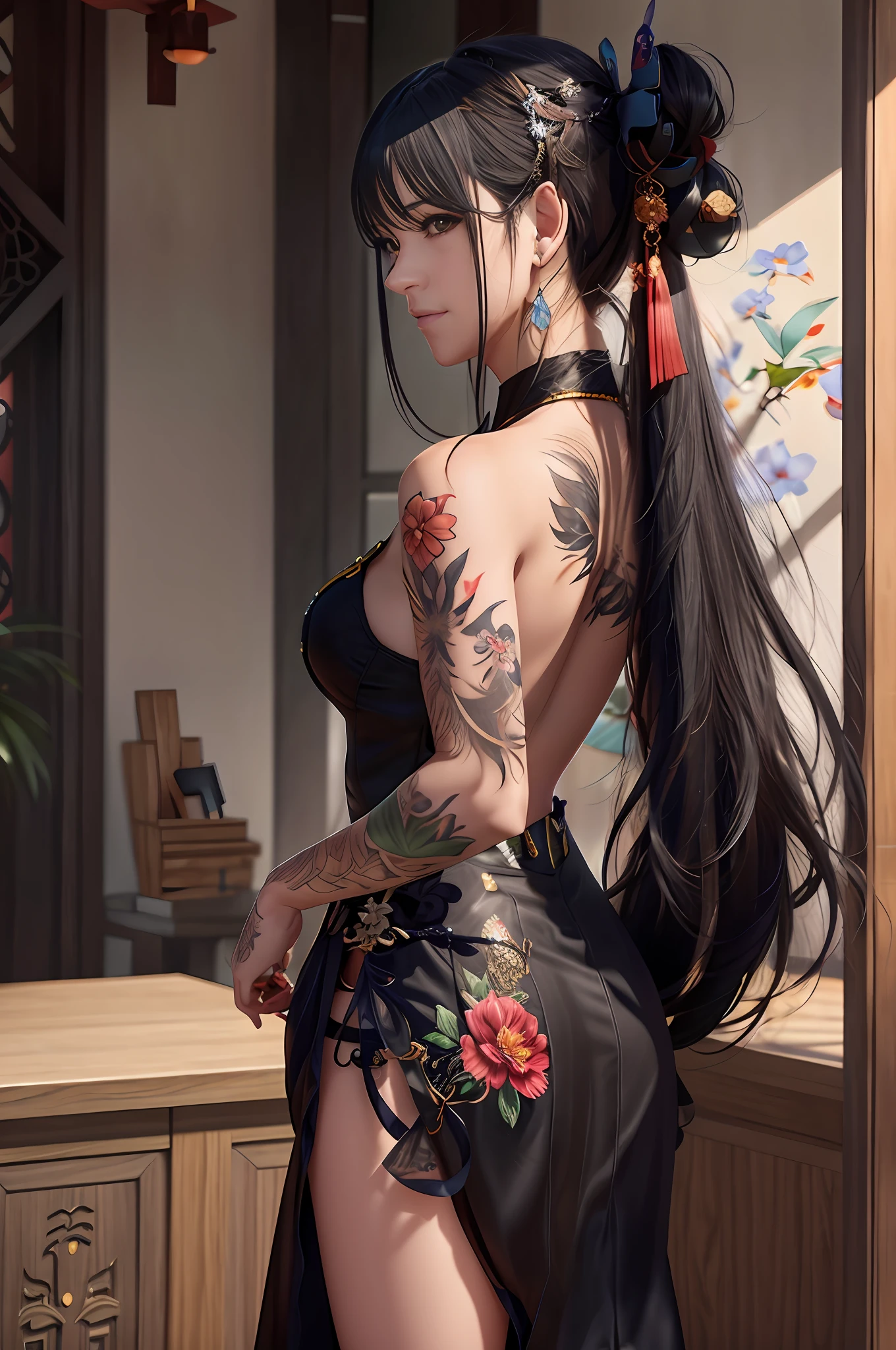 Hay una mujer con un tatuaje en el brazo y un vestido., Retrato sedutor de tifa Lockhart, Trend in CGTacing:, tifa Lockhart, por Yang J, tifa, pelo largo y negro detallado, tifa Lockheart glamourosa, Mujer taiwanesa con tatuajes, personaje animado; arte de cuerpo completo, seductora hermosa mujer anime, 🌺 CGSetnación, hermoso arte digital