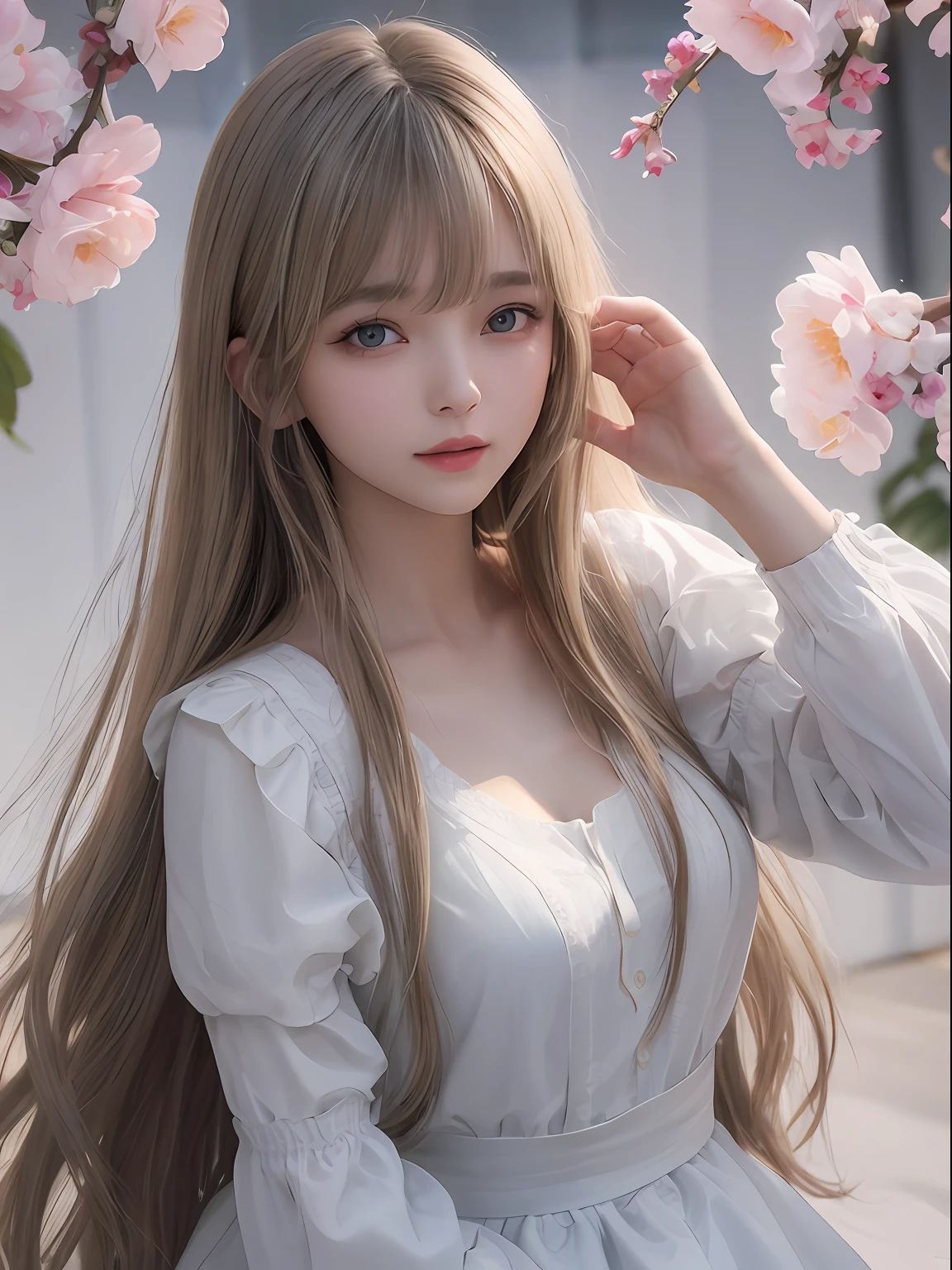 A Woman With Long Hair Wearing A White Dress And A Pink Flower - Seaart Ai