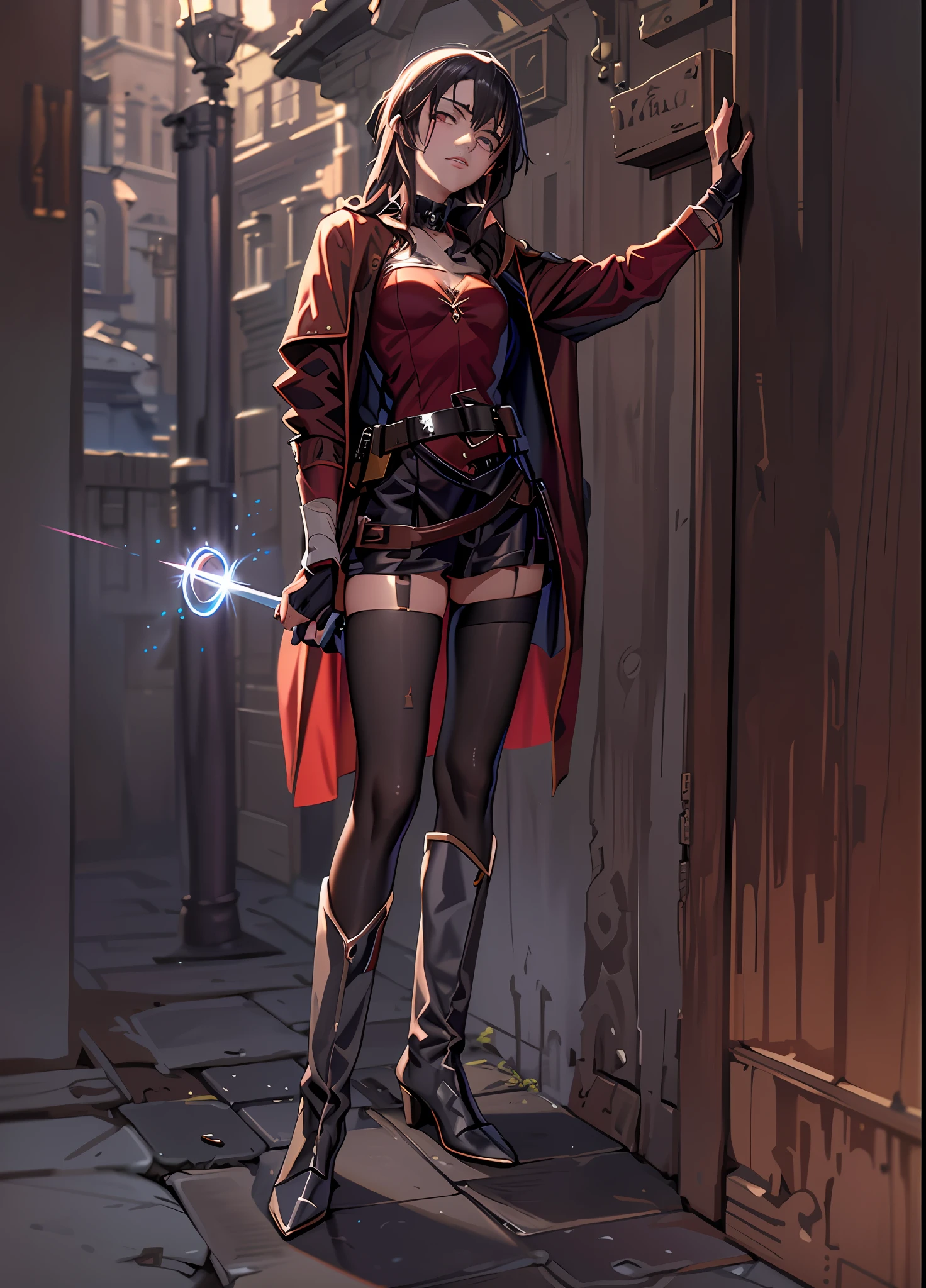 ((best quality)), ((masterpiece)), (detailed), ultra detailed, 1girl, solo
stare, looking at viewer, (interview:1.3),
1girl, beam, belt, black_hair, brown_hair, cape, collar, convenient_censoring, diffraction_spikes, dress, eyebrows_visible_through_hair, fingerless_gloves, gloves, glowing, glowing_weapon, hat, holding, laser, lens_flare, light_censor, light_rays, looking_at_viewer, magic, megumin, open_mouth, red_dress, red_eyes, short_hair, small_breasts, solo, sparkle, sparks, staff, thighhighs, witch_hat