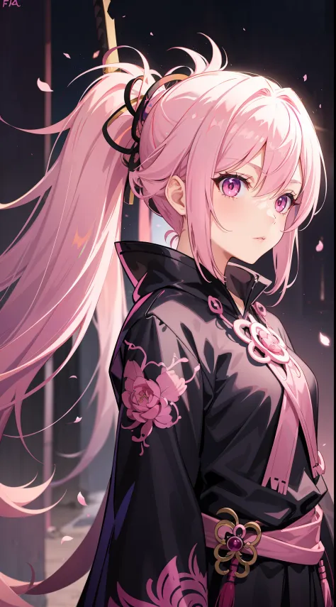 "1girl with vibrant pink hair holding a gleaming katana in a dark and mysterious setting, fsw, samurai clothes, glowing eyes, layered hair, side light, pig tails."