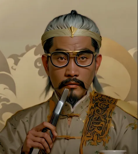 draw a man with a beard and mustache holding a pencil, chinese artist, ancient sword, inspired by xie huan, artist unknown, insp...