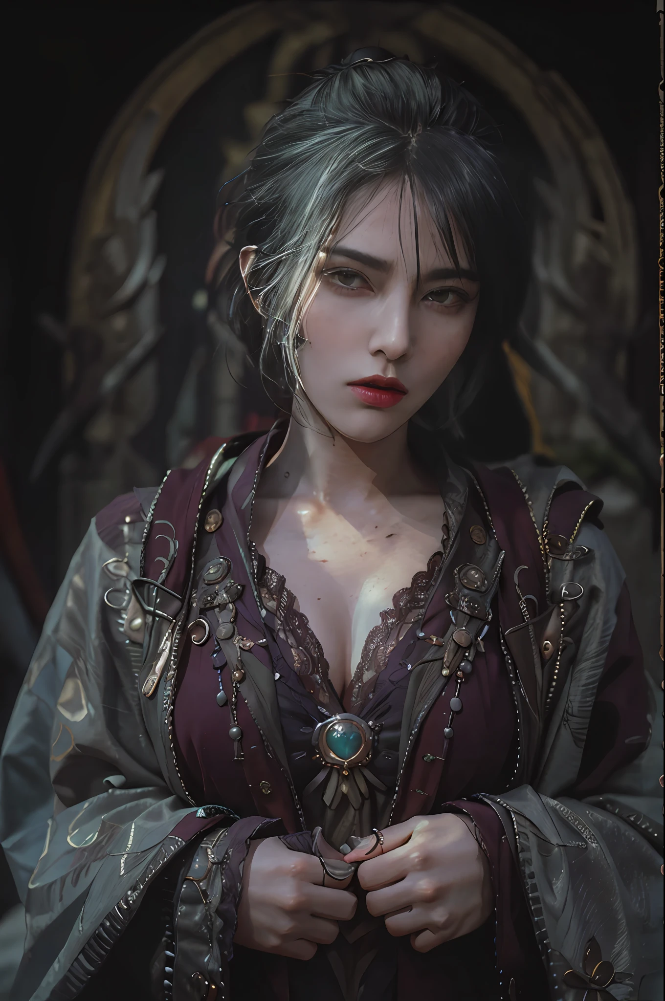 obra de arte, mais alta qualidade, CRU, estilo analógico, Um retrato deslumbrante de uma linda mulher, morrigan, seios, vestindo um manto de mago, ((Altamente detalhado skin, detalhes da pele)), foco nitído, 8k hd, DSLR, alta qualidade, grão de filme, Fujifilm XT3, polaroide, carrancudo, detalhes intrincados, Altamente detalhado, fundo desordenado e detalhado