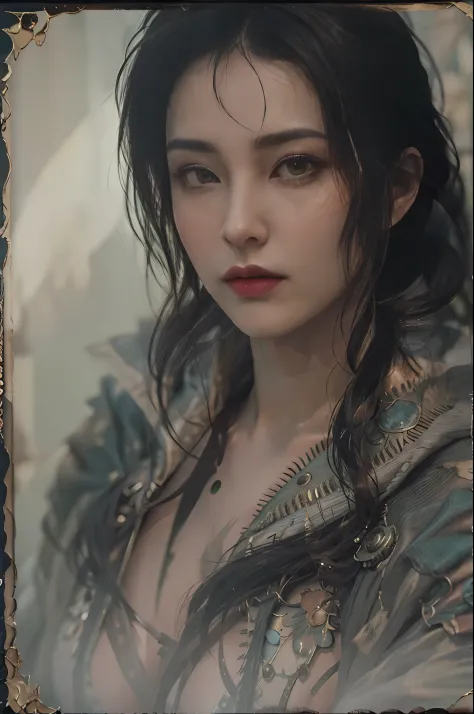 masterpiece, highest quality, RAW, analog style, A stunning portrait of a beautiful woman, morrigan, breast, wearing a mage robe...