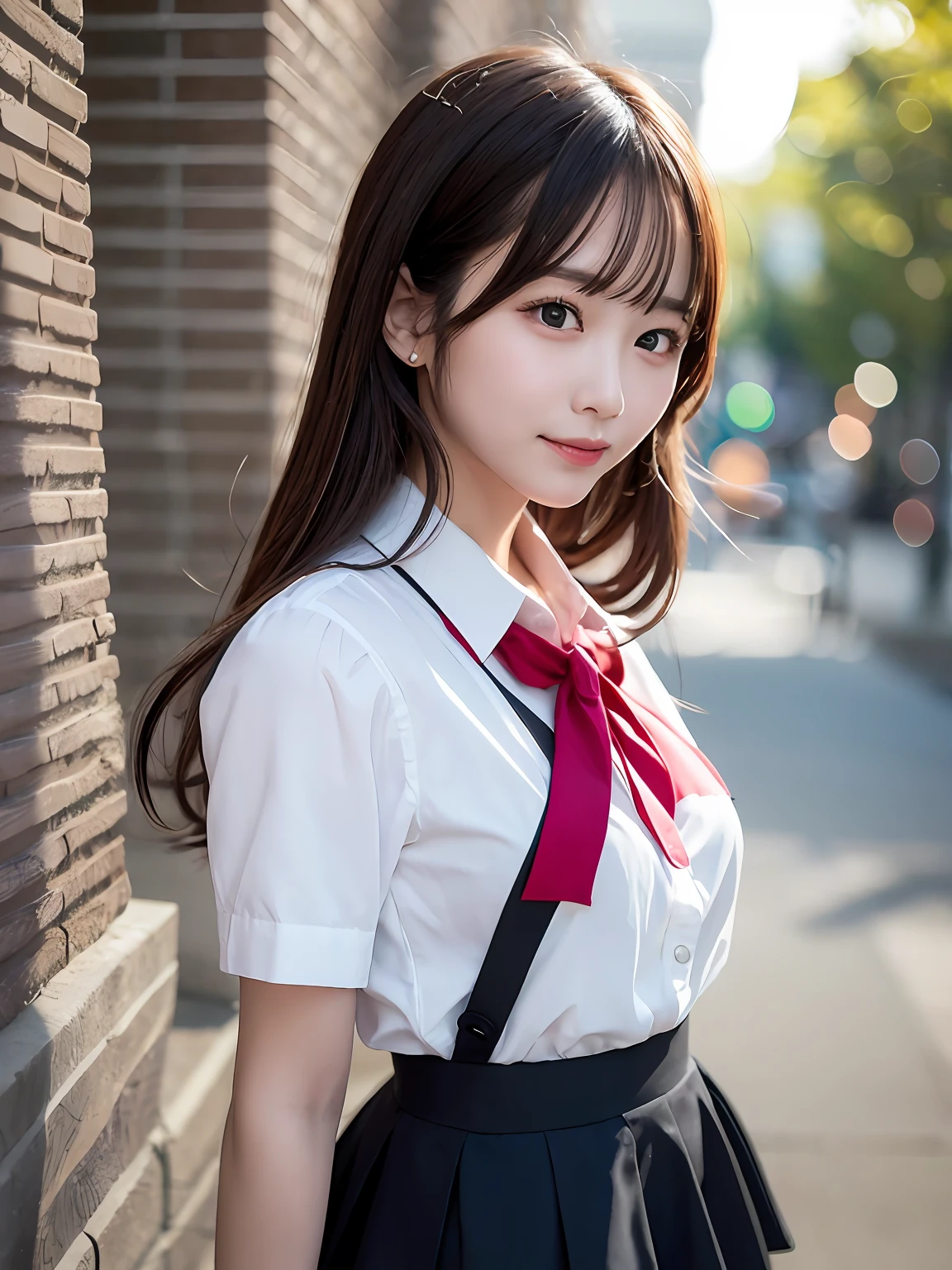tmasterpiece，top-quality，offcial art，Highly detailed CG Unity 8K wallpapers，Like schoolgirls，very delicate beautiful，ultra high resolution，（realisticlying：1.4），Golden hour lighting，（The upper part of the body），（Platinum shorthair：0.8），（puffy eye），looking at viewert，facingfront，ssmile，JK skirt，pinkdress，Shirt boosts long black hair