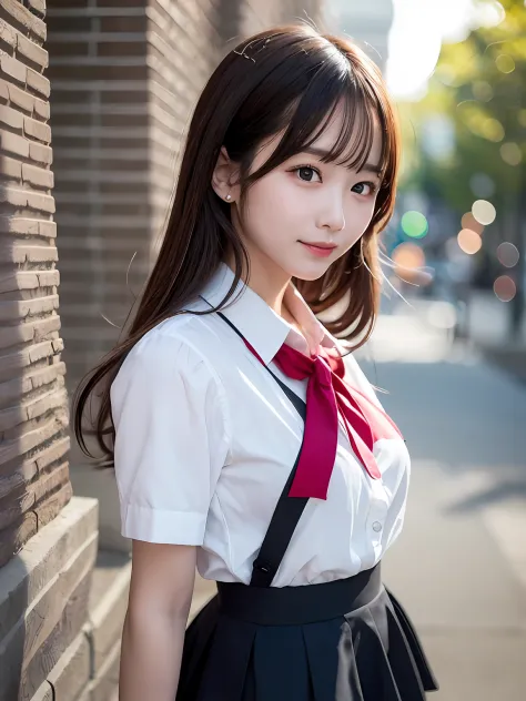 tmasterpiece，top-quality，offcial art，Highly detailed CG Unity 8K wallpapers，Like schoolgirls，very delicate beautiful，超高分辨率，（realisticlying：1.4），Golden hour lighting，（The upper part of the body），（Platinum shorthair：0.8），（puffy eye），looking at viewert，facing...