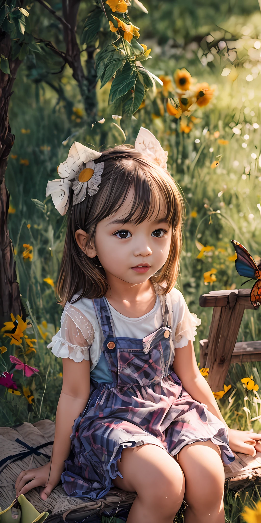 High Detail, Ultra Detail, 8K, Ultra High Resolution A cute and innocent girl, , toddler, enjoying her time in the open field, surrounded by the beauty of nature, warm sun sprinkling on her, wildflowers gently swaying in the breeze. Butterflies and birds flutter around her, adding to the playful atmosphere,