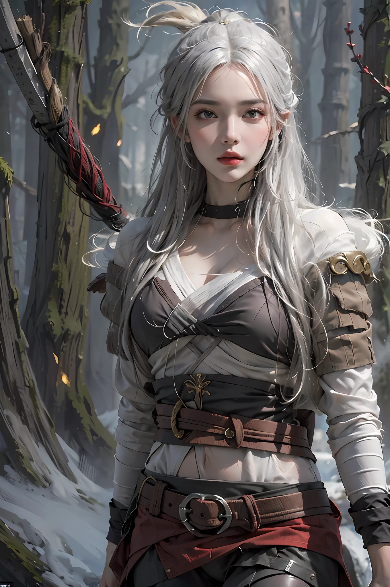 Photorealistic, high resolution, 1womanl, Solo, Hips up, view the viewer, (Detailed face), White hair, Long hair, (((ninjartist_suit, ninjartist))),upper legs, Fishing nets, Pelvic curtain painting 1girl as a Nordic Viking warrior， full bodyesbian， 1girll， arlecchino， double tails， O cabelo multicolorido， wearing viking armor， Detailed skins， fanciful， snowy nordic forest， Model shooting style， （VerydetailedCG）， Beautiful artwork photos， （Antonio Moro）， （Jeremy Mann）， high detal， Sharp focus， dramatics， oil painted， Realistis