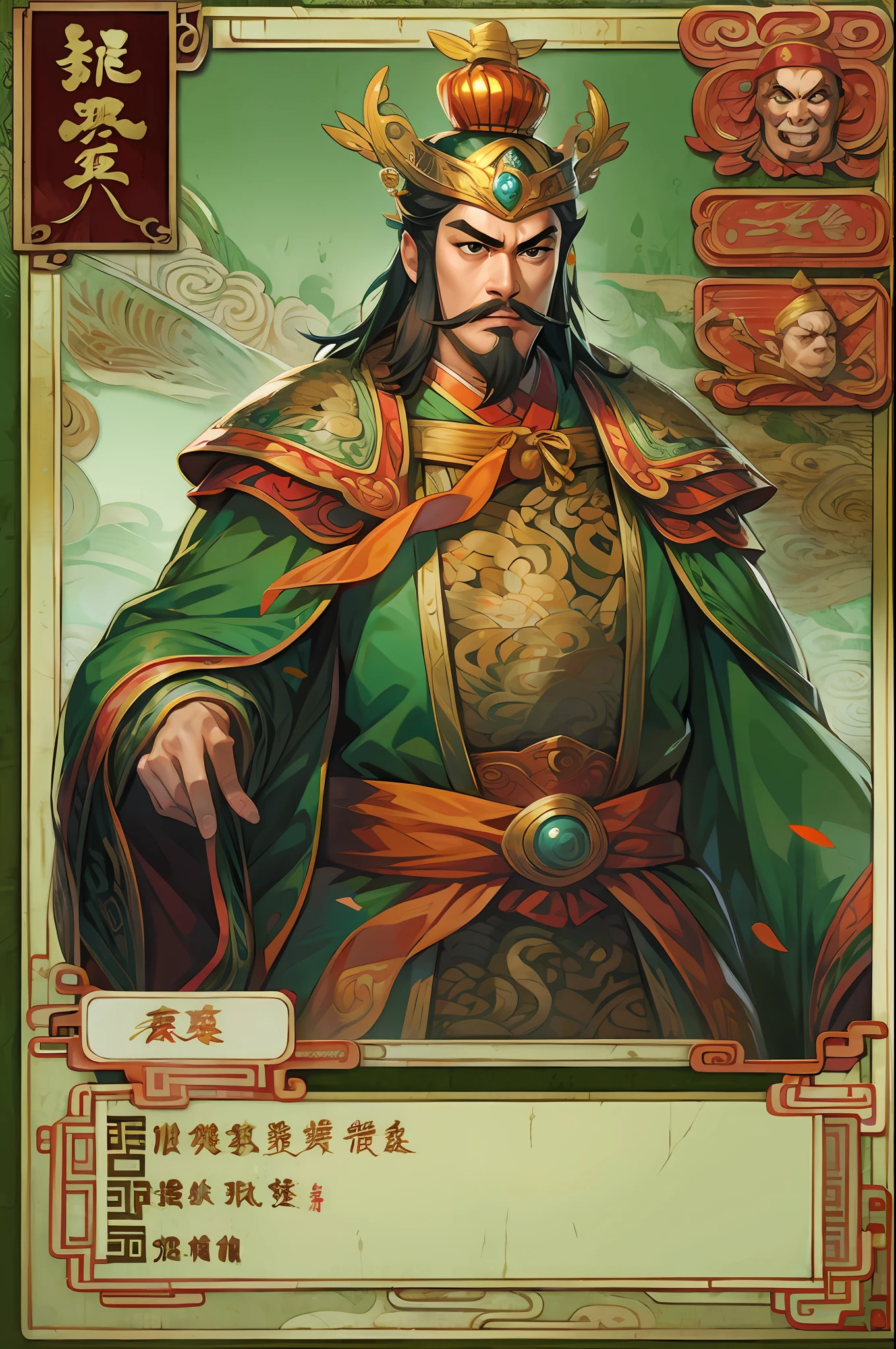 Card design，1male people，Three Kingdoms killing style:1.2，Ancient Chinese background，A meticulous face，Clear face，Full body like，The emperor of the Ninety-Five，A crown is worn on his head，Card background、对称，High picture quality，tmasterpiece，best qualtiy，超高分辨率