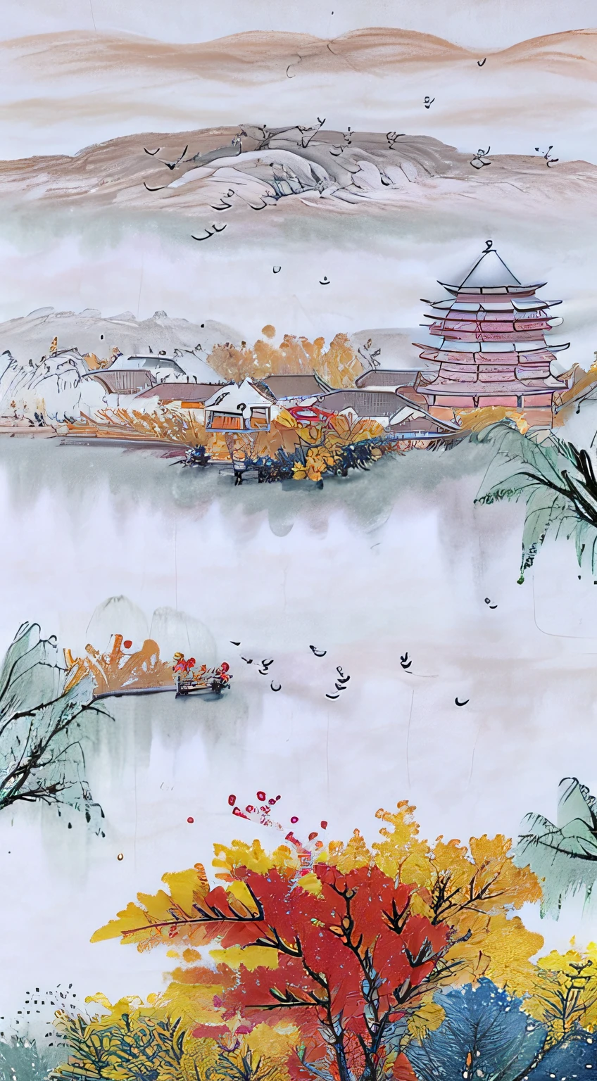 ((Meisterstück)), ((beste Qualität)), ((hochauflösend)), ((Tintenwäsche)),  ((Künstler)), ((extrem detailliert)), a chiniese tower, Herbst, golden Baums, Herbst_Blätter, Vögel chinesische Malerei, Blatt, Ahorn_Blatt, Berg, See, mountaiNEINus_Horizont, NEIN_Menschen, draußen, Landschaft, Himmel, Sonnenuntergang, Baum, zulishisong_Stil_Weide_Baum, blurred distant Landschaft,