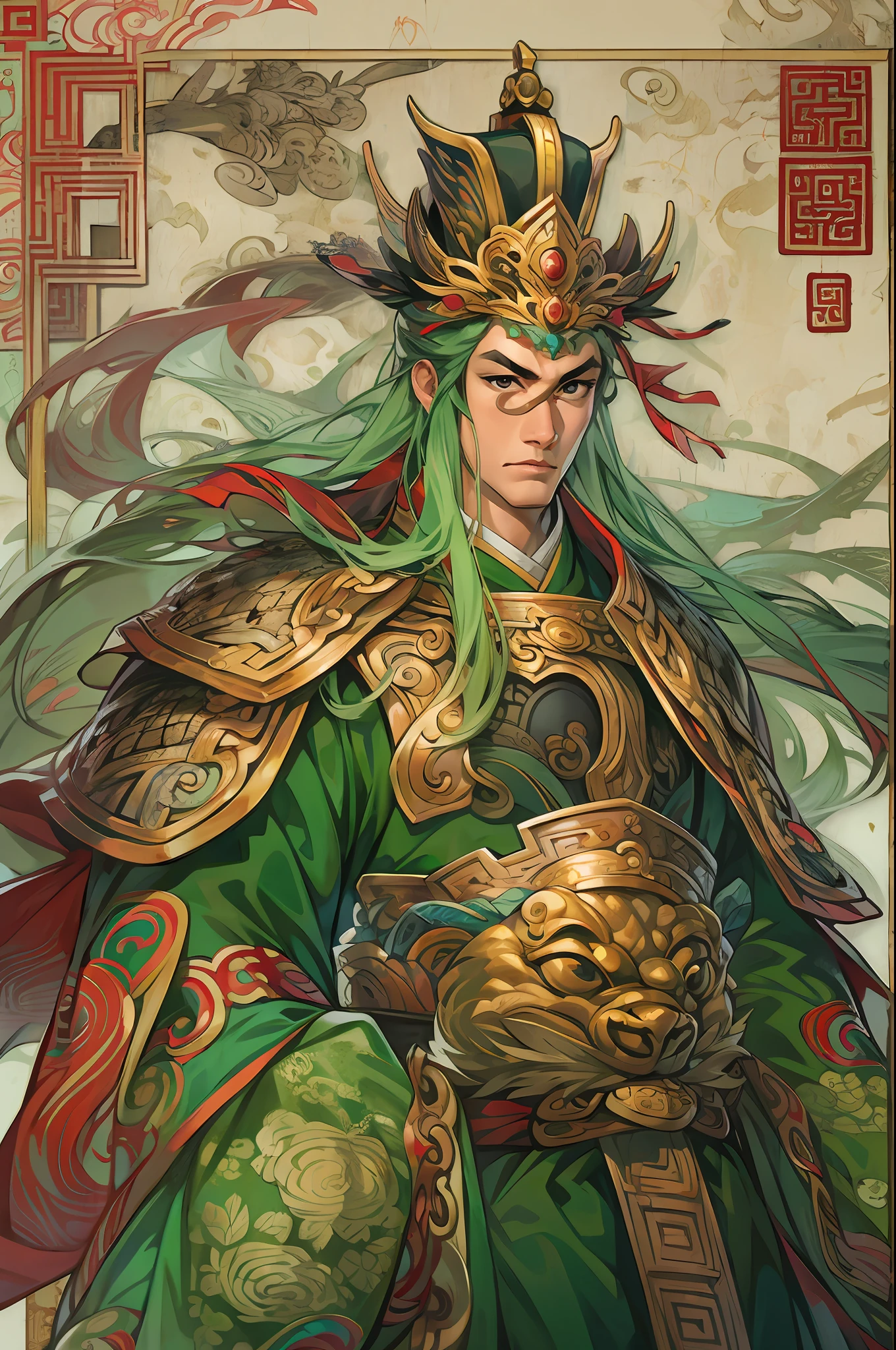 Card design，1male people，Three Kingdoms killing style:1.2，Ancient Chinese background，A meticulous face，Clear face，Full body like，The emperor of the Ninety-Five，A crown is worn on his head，Card background、对称，High picture quality，tmasterpiece，best qualtiy，超高分辨率