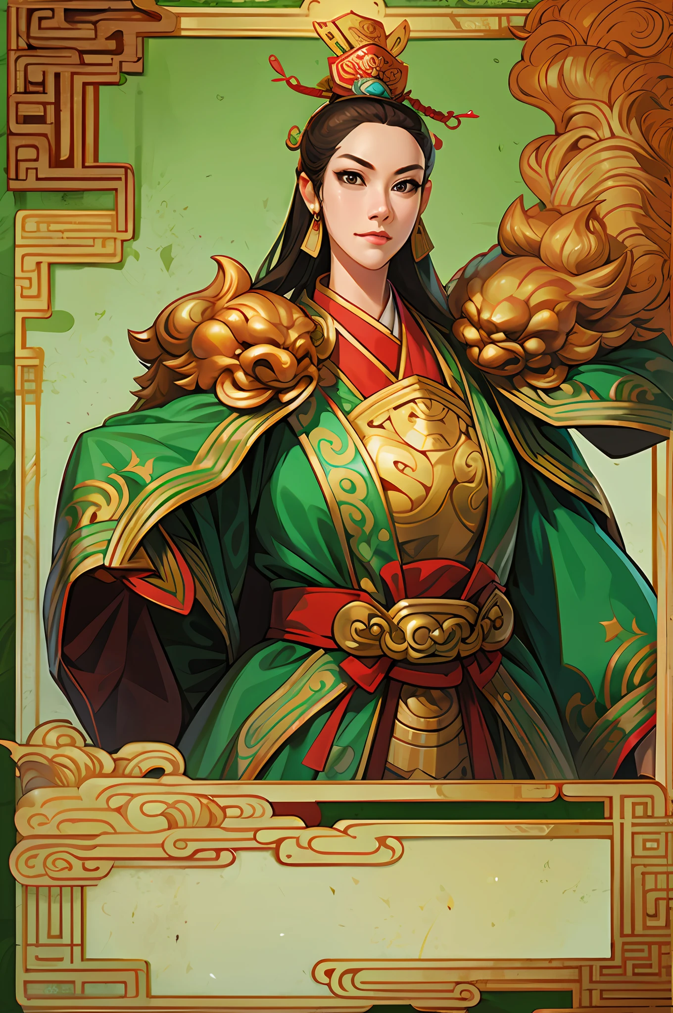 Card design，1female，Three Kingdoms killing style:1.2，Ancient Chinese background，A meticulous face，Clear face，Full body like，Card background、symmetry，High picture quality，tmasterpiece，best qualtiy，Ultra-high resolution