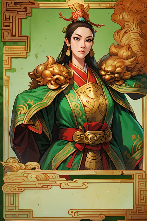 Card design，1female，Three Kingdoms killing style:1.2，Ancient Chinese background，A meticulous face，Clear face，Full body like，Card...