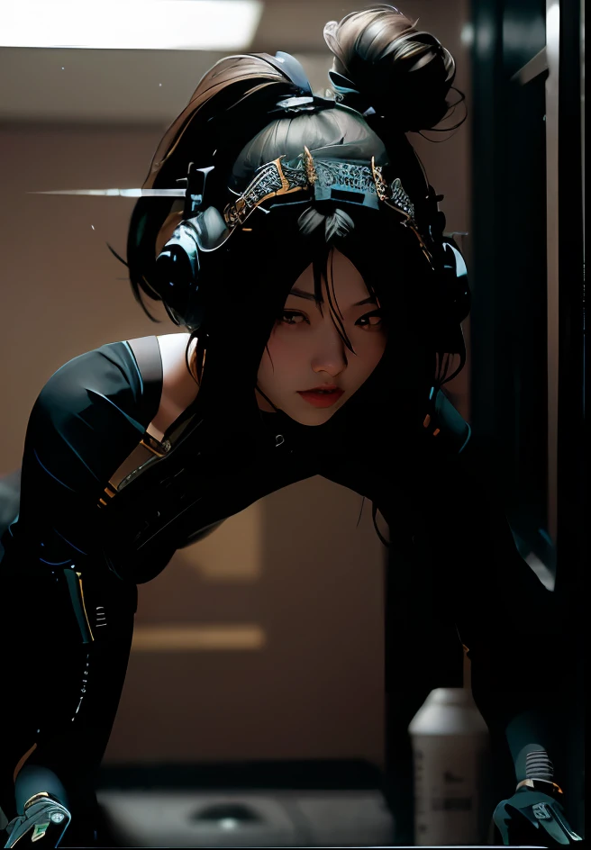 ((best qualtiy)), ((tmasterpiece)), (the detail:1.4), 3d, （A beautiful cyberpunk female image：1.5）,hdr（HighDynamicRange）,Ray traching,nvidia RTX,Hyper-Resolution,Unreal 5,Subsurface scattering、PBR Texture、post-proces、Anisotropy Filtering、depth of fieldaximum definition and sharpnesany-Layer Textures、Albedo and Specular maps、Surface coloring、Accurate simulation of light-material interactions、perfectly proportions、rendering by octane、Two-colored light、largeaperture、Low ISO、White balance、the rule of thirds、8K raw data、(RAW photo, Best quality), (Realistic, photo-realistic:1.3), Best quality, Highly detailed, Masterpiece, Ultra-detailed, illustration, 1girll, The upper part of the body_Body, Dynamic Angle, world mastery theater, Messy_Long_Hair,Best quality, extremely detailed CG unity 8k壁纸，ink，astounding，light，lens_flare，dunhuang_Style