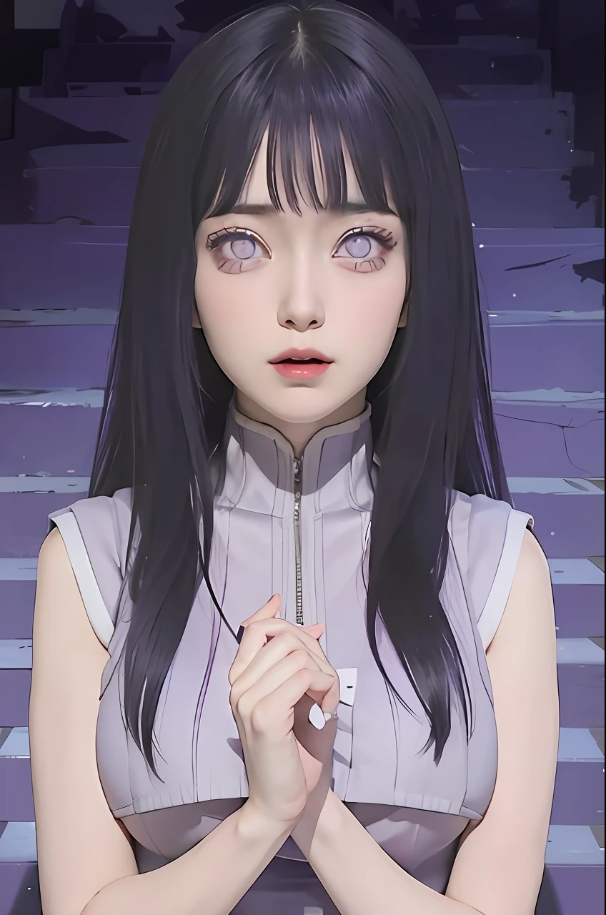 1 chica, hyuga hinata, cabello purpura, ojos blancos, pelo largo, ropa morada, pechos grandes, Realista, ultra detalle, fondo interior