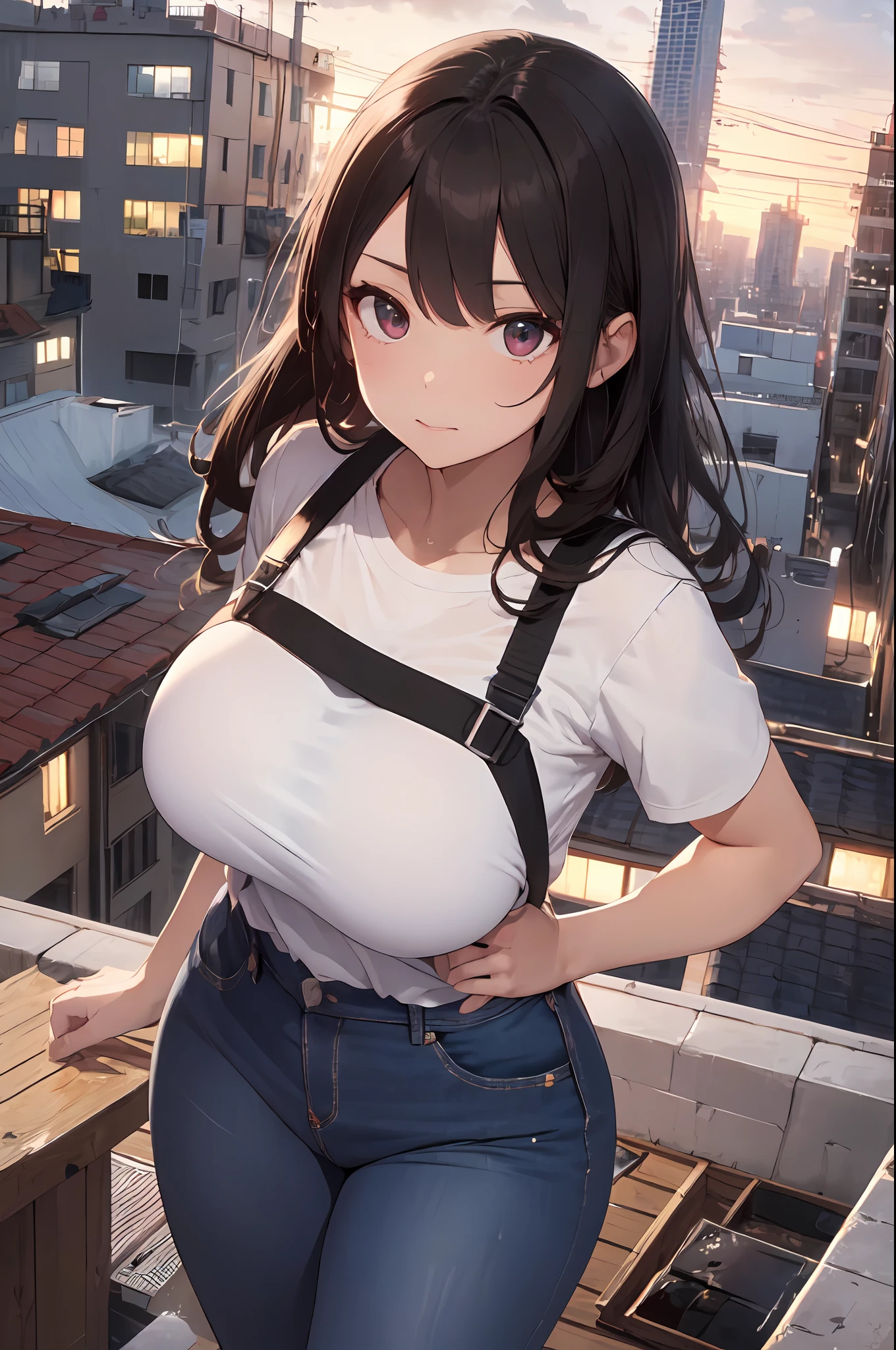 Anime girl with big breast standing on a rooftop in a white shirt - SeaArt  AI