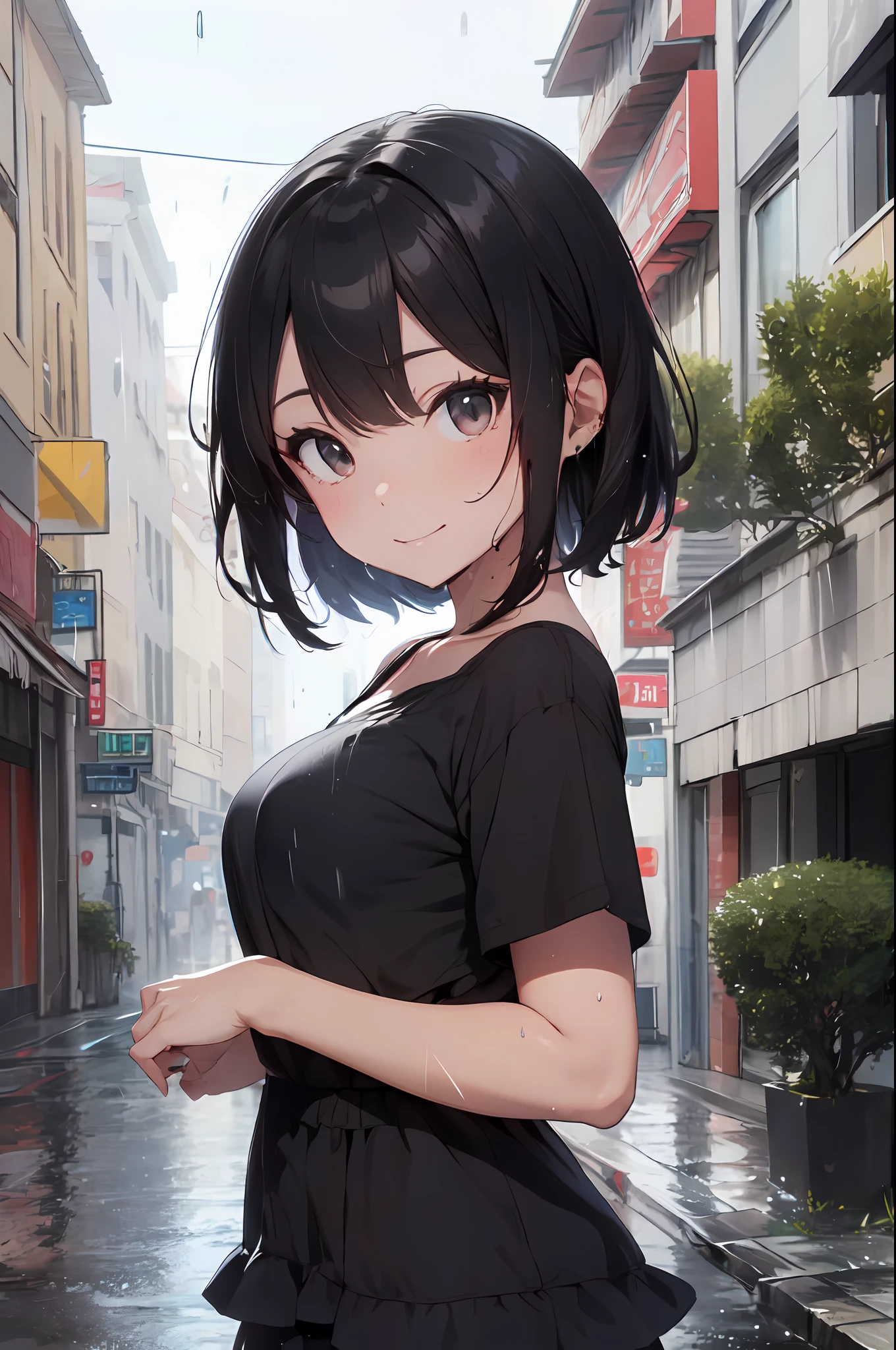 ((Best Quality, 8K, Masterpiece:1.3)), Focus: 1.2, Perfect Body Beauty: 1.4, Buttocks: 1.2, ((Layered Haircut, Breasts: 1.2)), (Wet Clothes: 1.1), (Rain, Street:1.3), Bandeau Dress: 1.1, Highly Detailed Face and Skin Texture, Fine Eyes, Double Eyelids, Whitening Skin, Long Hair, (Shut Up: 1.3), Smile