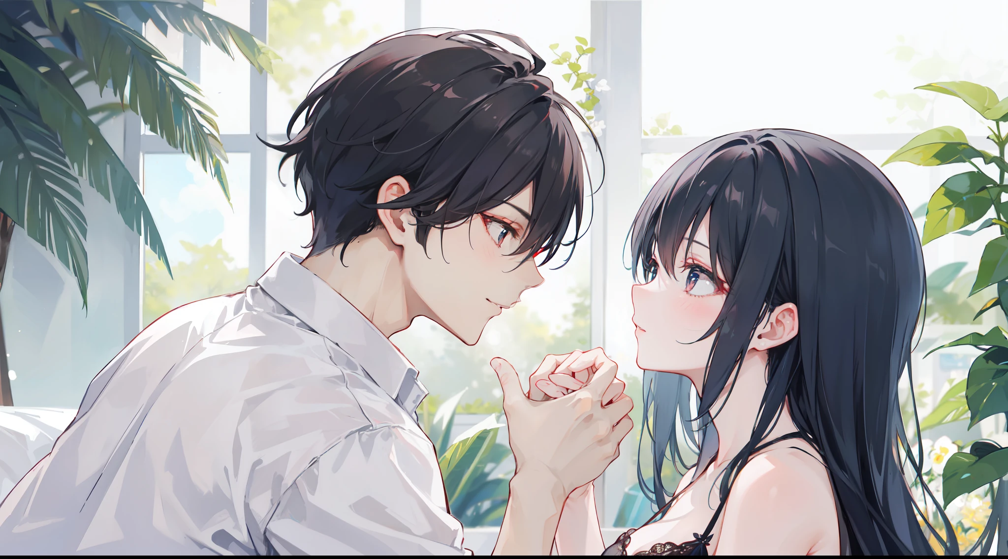 4k romantic scene: mature couple in a romantic act. The man has black hair and blue eyes, while the woman has tied black hair and red eyes.