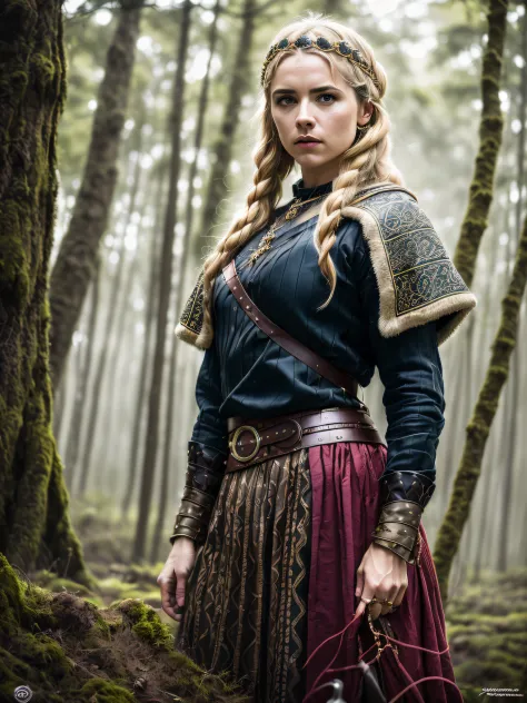 ((Emma of Normandy da série "Vikings: Valhalla de 2022")), (inspirada em Laura Berlin:1.2), (traje viking:1.2), in a setting of ...