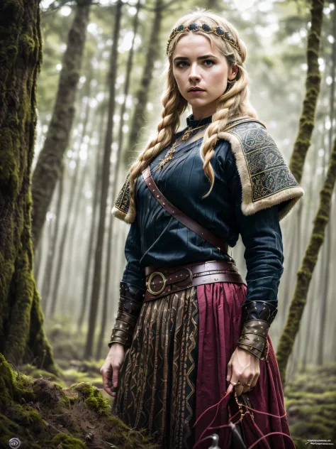 ((emma of normandy da série "vikings: valhalla de 2022")), (inspirada em laura berlin:1.2), (traje viking:1.2), in a setting of ...