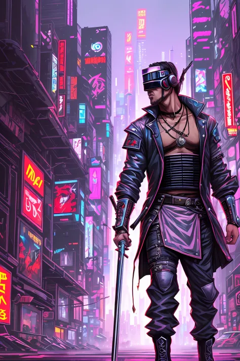 a man in a purple outfit holding two swords in front of a city, cyberpunk hero, cyberpunk assassin, cyberpunk art style, cyberpunk samurai, hero pose colorful city lighting, cyberpunk themed art, neon samurai, cyberpunk dude, cyberpunk character art, very ...
