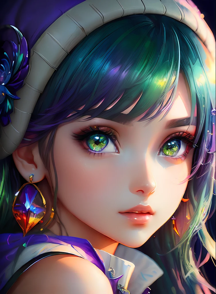 ((top-quality)), ((​masterpiece)), ((realisitic)), (detaileds),animesque、anime styled、 (1人の女性）Earrings only accessories、Close up portrait of woman with greenish-purple hair color、Beautiful shining eyes, Like crystal clear glass、Casual sleeveless without collar、Summer clothes、4K high-definition digital art、stunning digital illustration、Stunning 8K artwork、colorfull digital fantasy art、Colorful and bright、beautiful digital works of art、Colorful Digital Anime Art、Portrait of beautiful woman、8K HD Digital Wallpaper Art、 Gorgeous Digital Painting