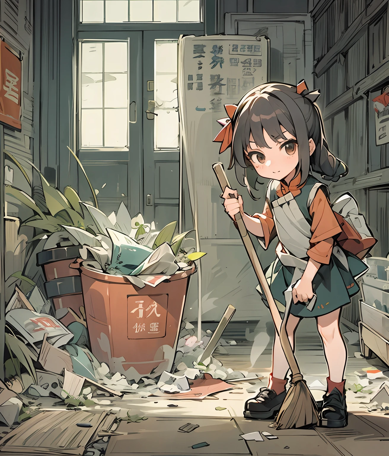 A girl is using a broom and sweeping away some "unhappy."，vex，trabalhado，hardship，Frustration "" and other Chinese characters，Next to it is a trash can with the words "not recyclable" written on it, clean and meticulous anime style, small loli girl, Simple lines of art, cleaning future, touhou project，solid color backdrop