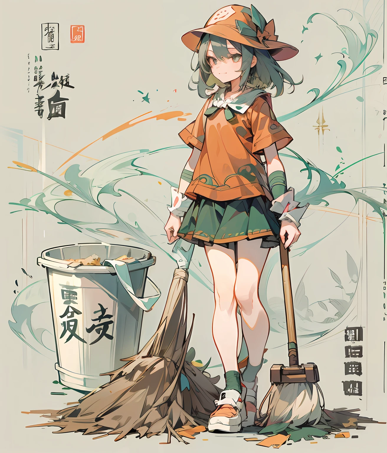 A girl is using a broom and sweeping away some "unhappy."，vex，trabalhado，hardship，Frustration "" and other Chinese characters，Next to it is a trash can with the words "not recyclable" written on it, clean and meticulous anime style, small  girl, Simple lines of art, cleaning future, touhou project，solid color backdrop