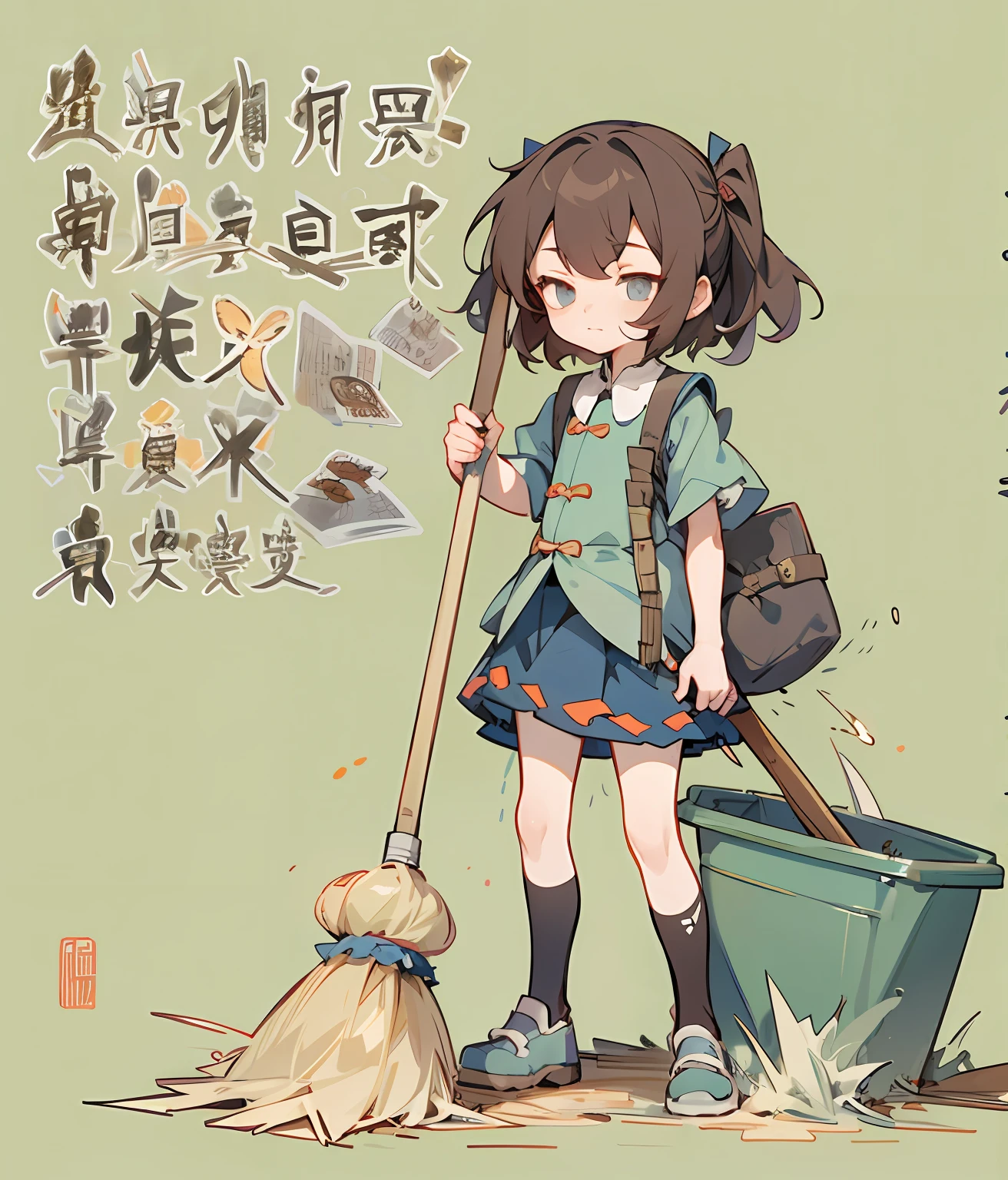 Une fille utilise un balai et balaie "Malheureux."，vexer，travaillé，épreuves，frustration "" et autres caractères chinois，À côté se trouve une poubelle avec les mots "non recyclable" écrit dessus, style anime propre et méticuleux, petite fille, Des lignes d&#39;art simples, nettoyage de l&#39;avenir, projet touhou，toile de fond de couleur unie