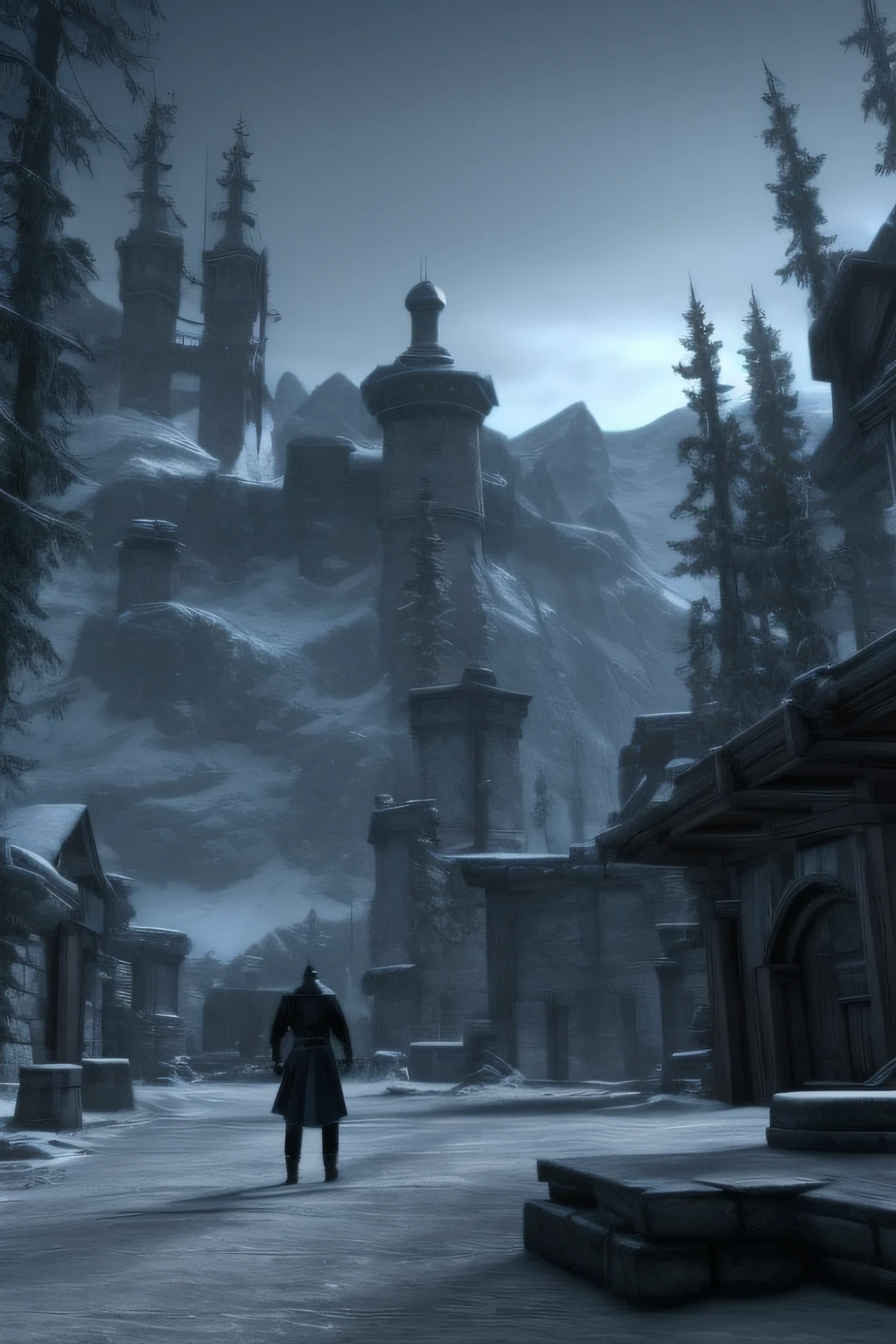 A lawyer in a black suit stands at the gates of Winterhold in Skyrim, 8k ultra-realistic high-definition wallpaper dramatic sharp