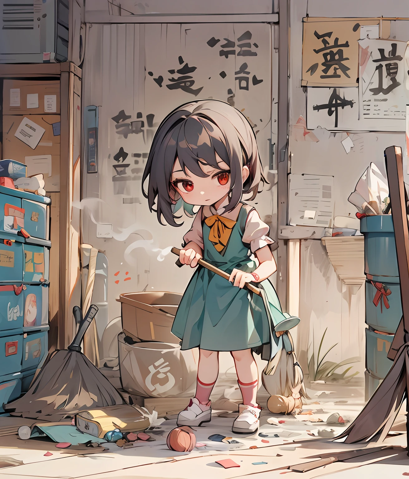 A girl is using a broom and sweeping away some "unhappy."，vex，trabalhado，hardship，Frustration "" and other Chinese characters，Next to it is a trash can with the words "not recyclable" written on it, clean and meticulous anime style, small  girl, Simple lines of art, cleaning future, touhou project，solid color backdrop